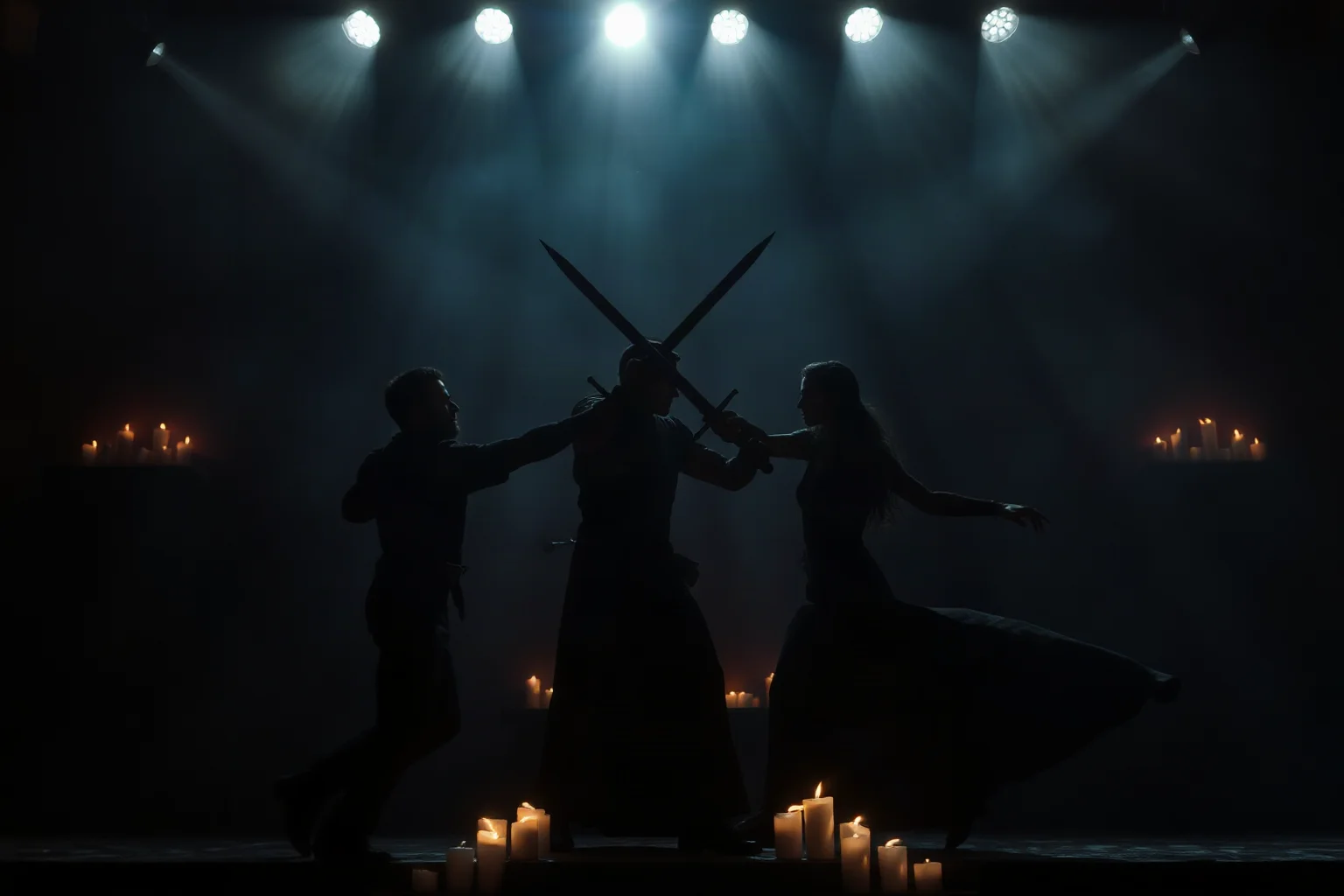 A dramatic clash of swords in silhouette on a candlelit stage, representing the old oath 'Zounds'