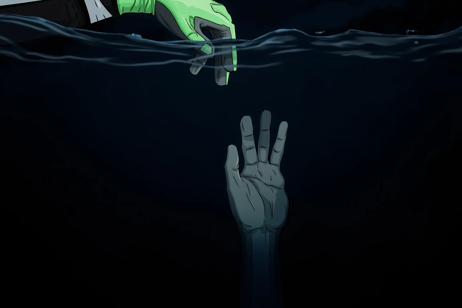 Harrison Okene: The Man Found Alive At The Bottom Of The Ocean 2 A dramatic close-up illustration of a diver's gloved hand reaching into pitch-black water toward another bare hand emerging from the darkness