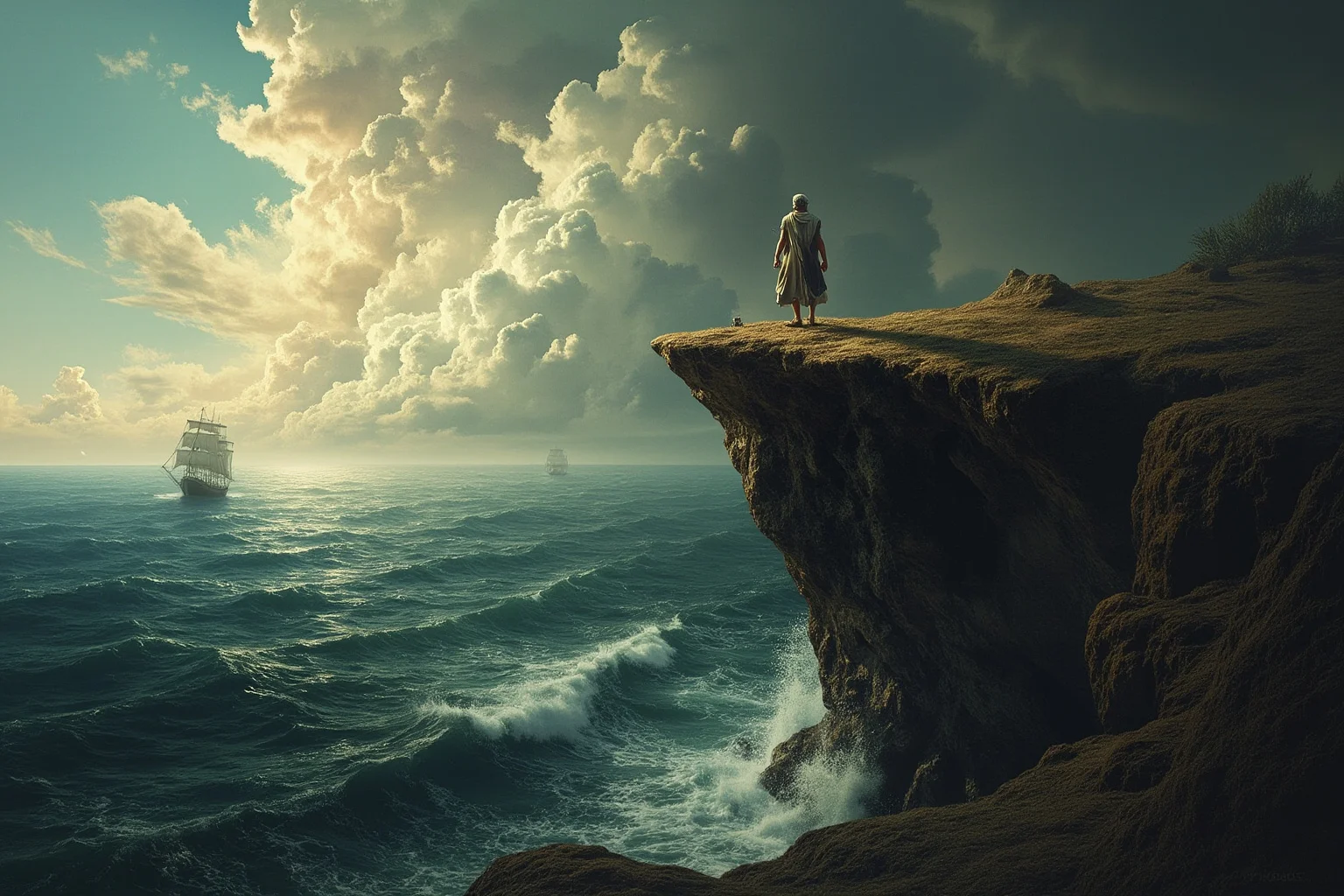 22 of the Greatest Comeback Stories in History 3 A dramatic coastal cliff on a small Mediterranean island with a lone figure looking toward a ship on the horizon, symbolizing an exile plotting a return