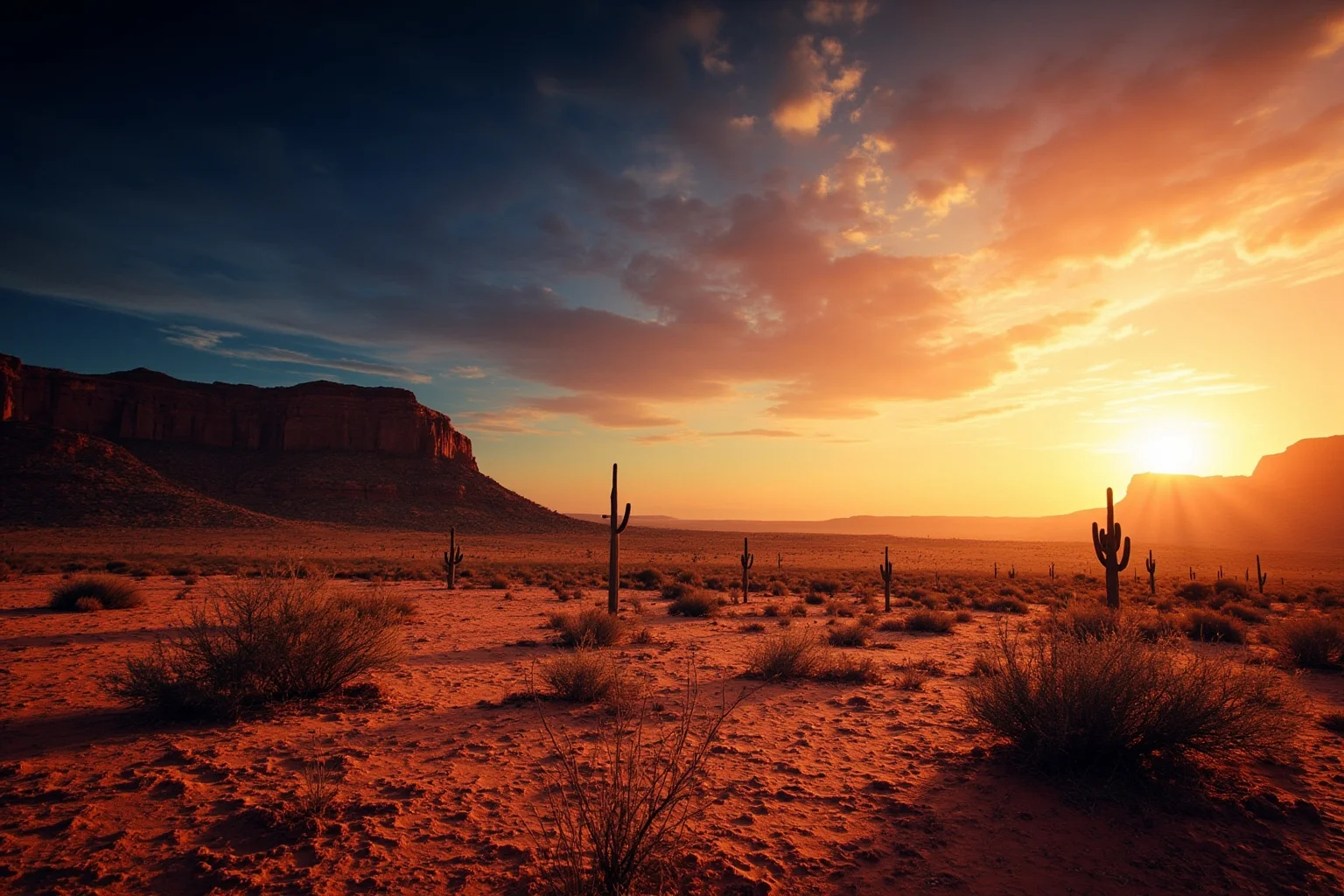 A dramatic desert landscape with cracked earth, cactus, and distant mesas under a blazing sun