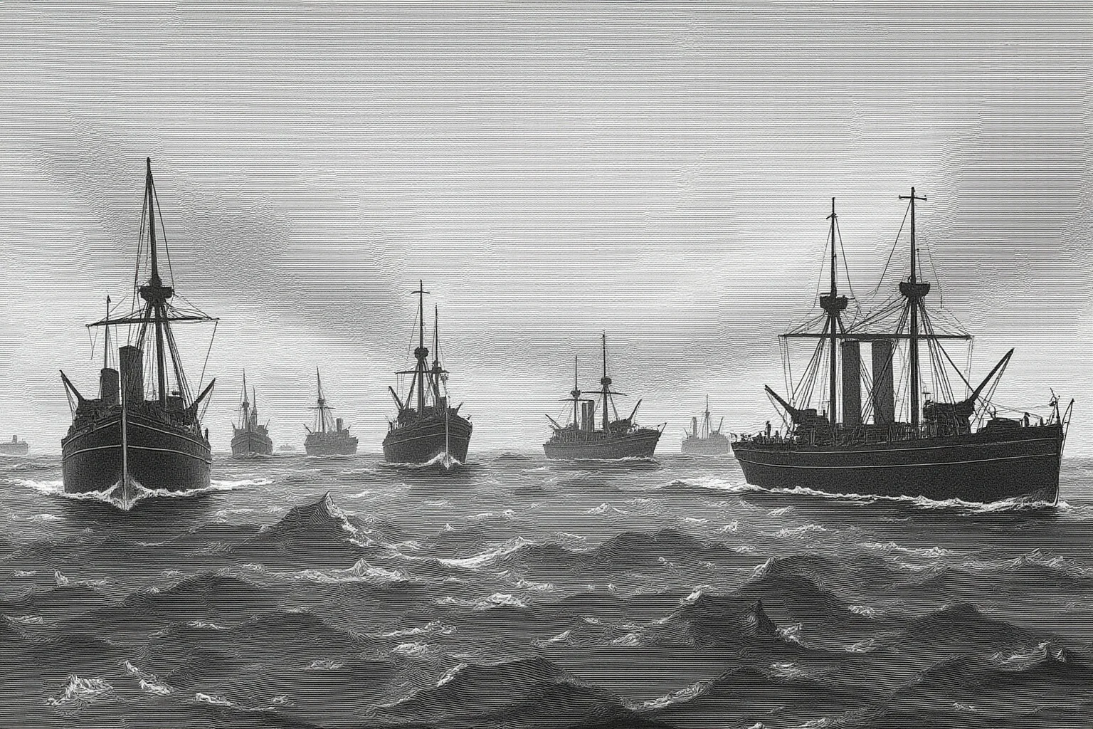 The Real Reason Russia Sold Alaska To The US 3 A dramatic engraving-style illustration of a naval standoff during the Crimean War era, ships in tense formation on a foggy sea