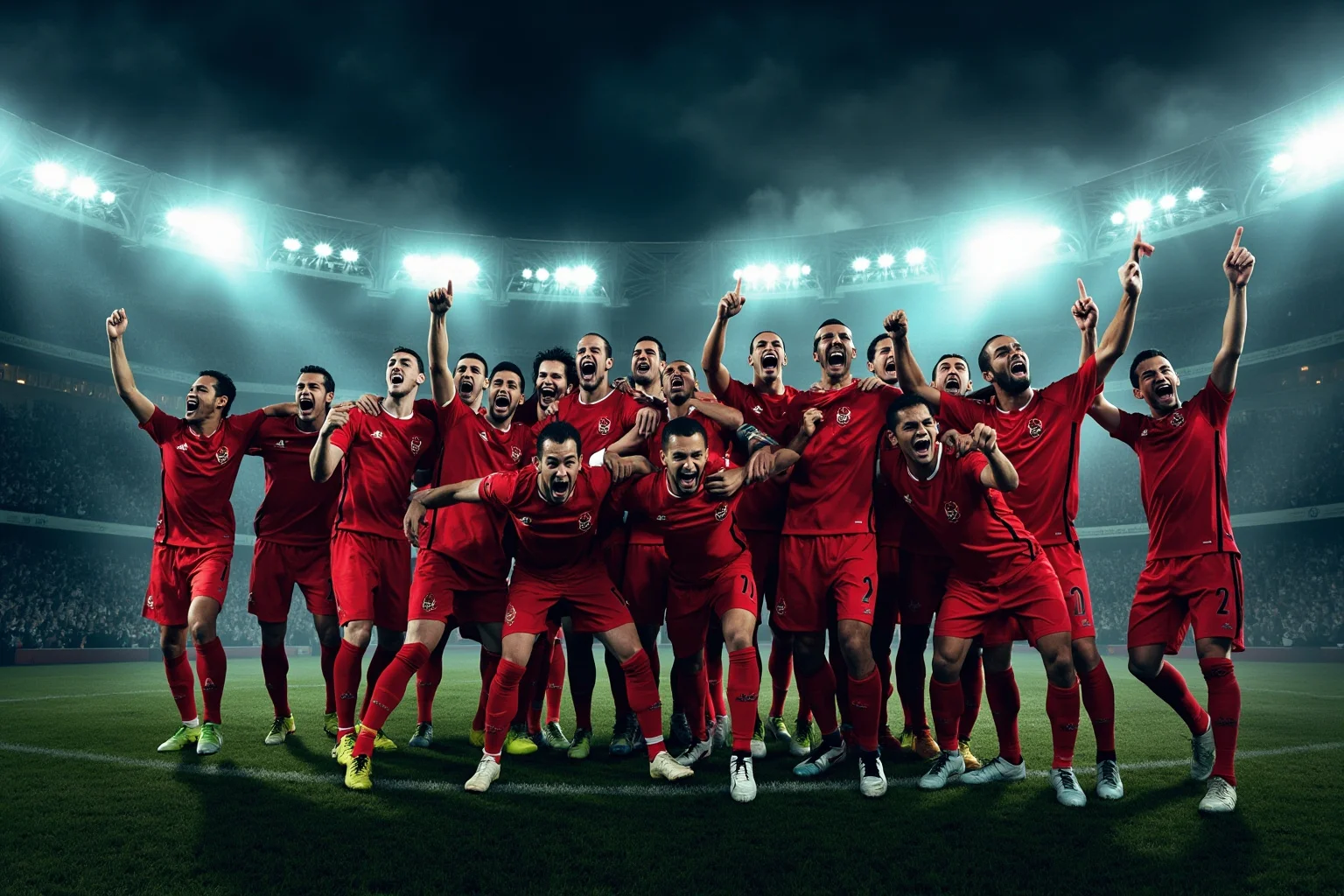 A dramatic European soccer stadium with red team jerseys celebrating wildly after an improbable second-half comeback, floodlights blazing