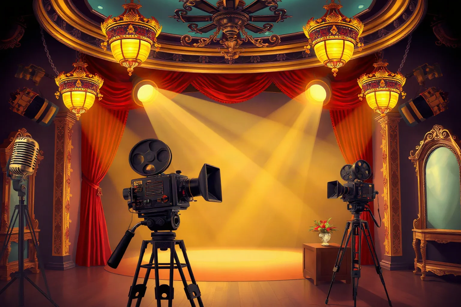 A dramatic, glossy illustration of a 1950s film set with ornate melodrama-style lighting and a vintage camera