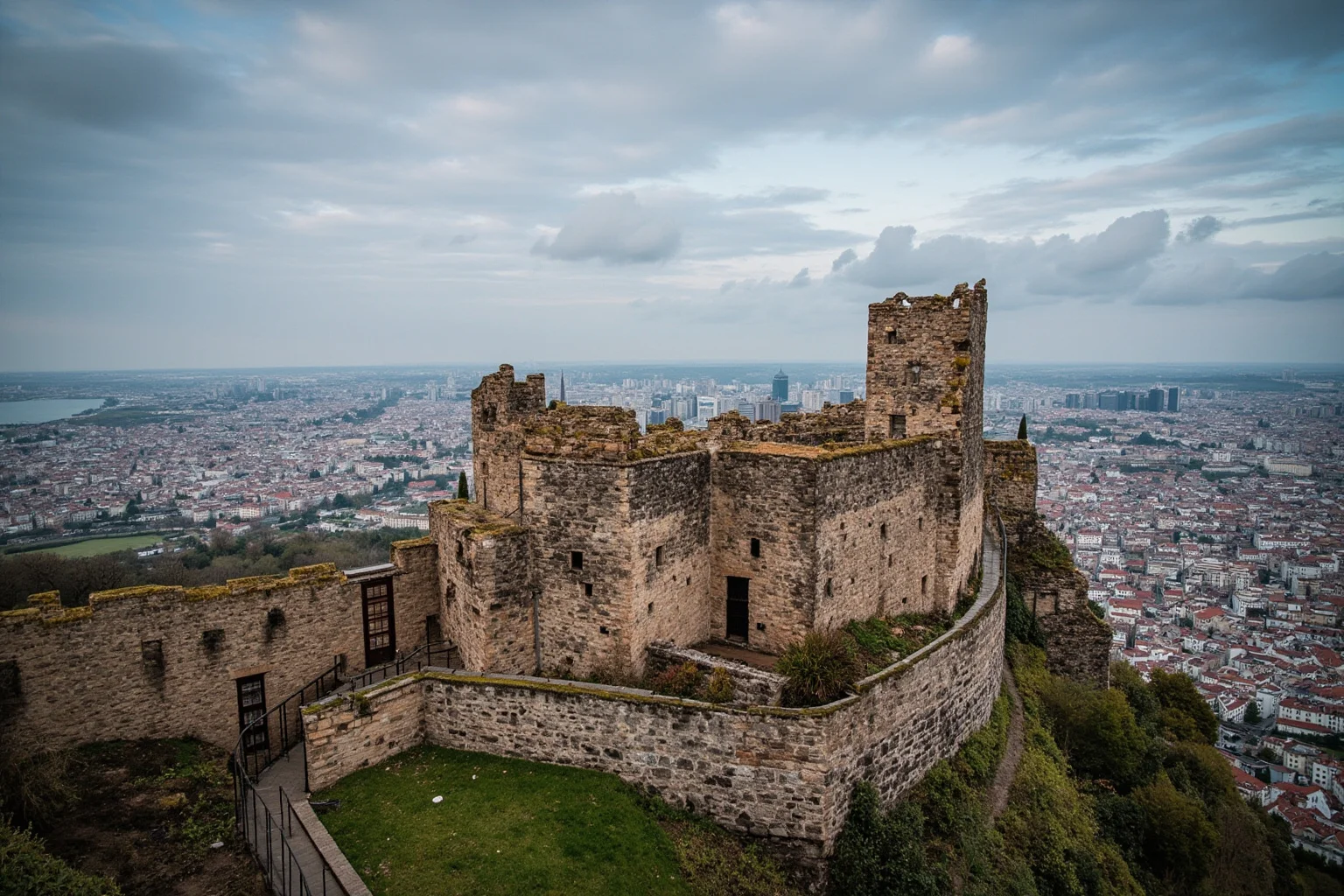 A dramatic hilltop castle with stone ramparts overlooking a European city skyline