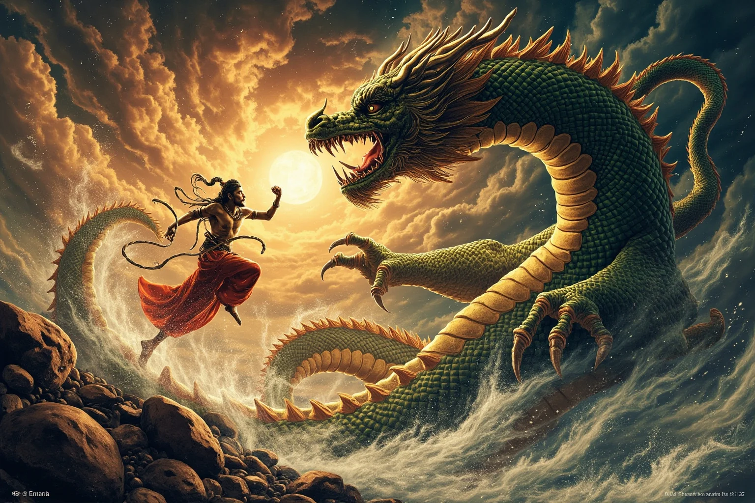 Famous Dragons Throughout History: Myths, Legends, and the Real Stories Behind Them 4 A dramatic Hindu-inspired illustration of a storm god battling a massive coiled dragon-demon