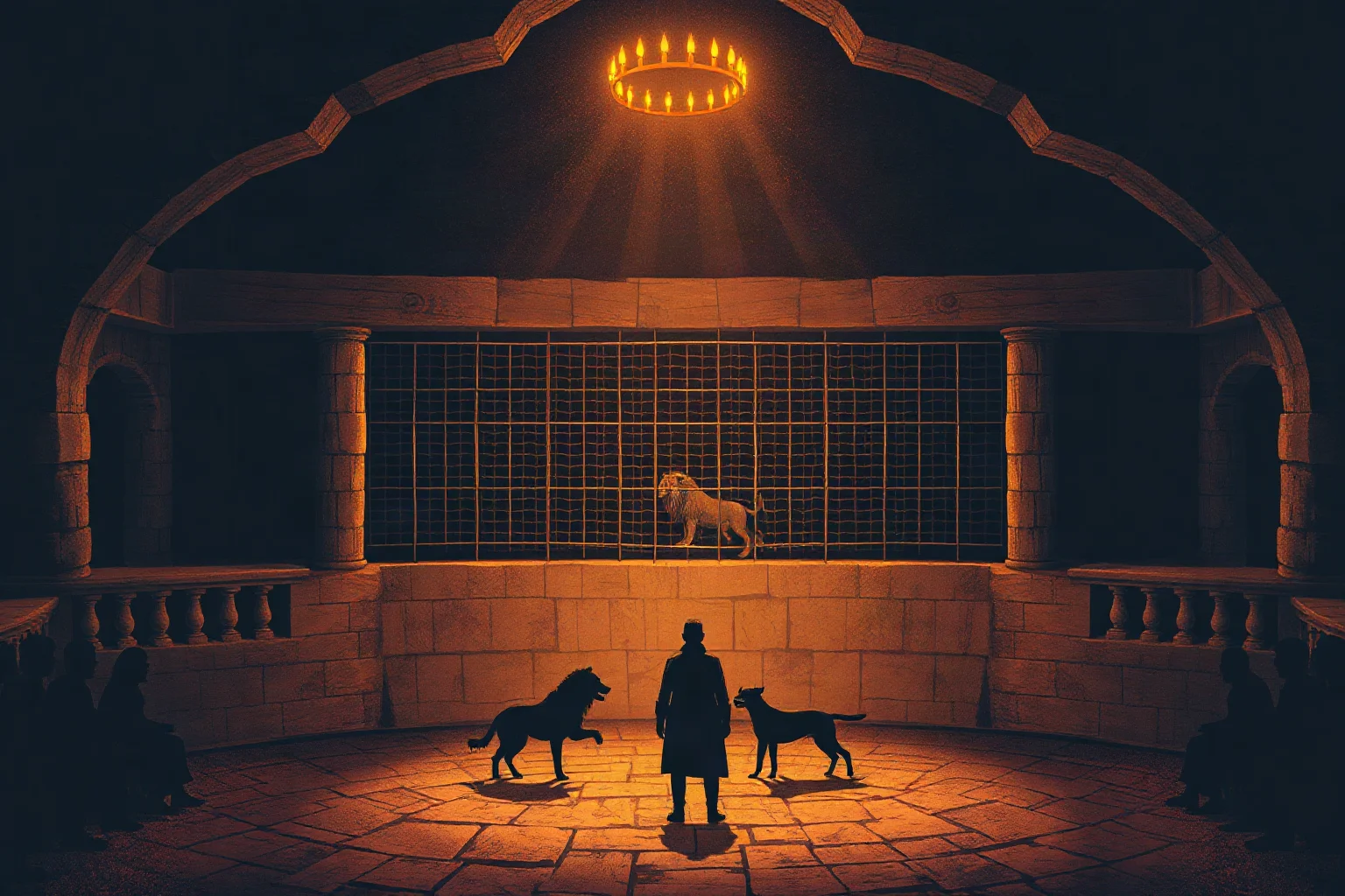 A dramatic historical illustration of a caged lion and dogs in a torch-lit stone pit before a small seated crowd, silhouette style