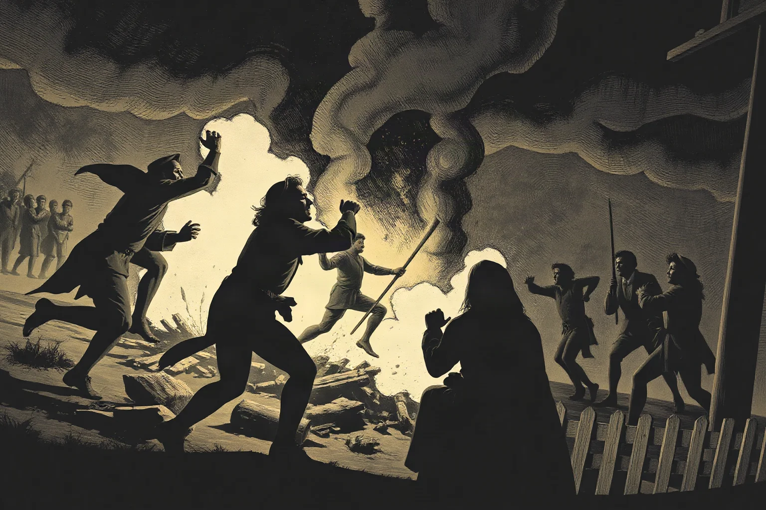 A dramatic historical illustration of a colonial-era clash, with no identifiable real people, symbolic muted tones