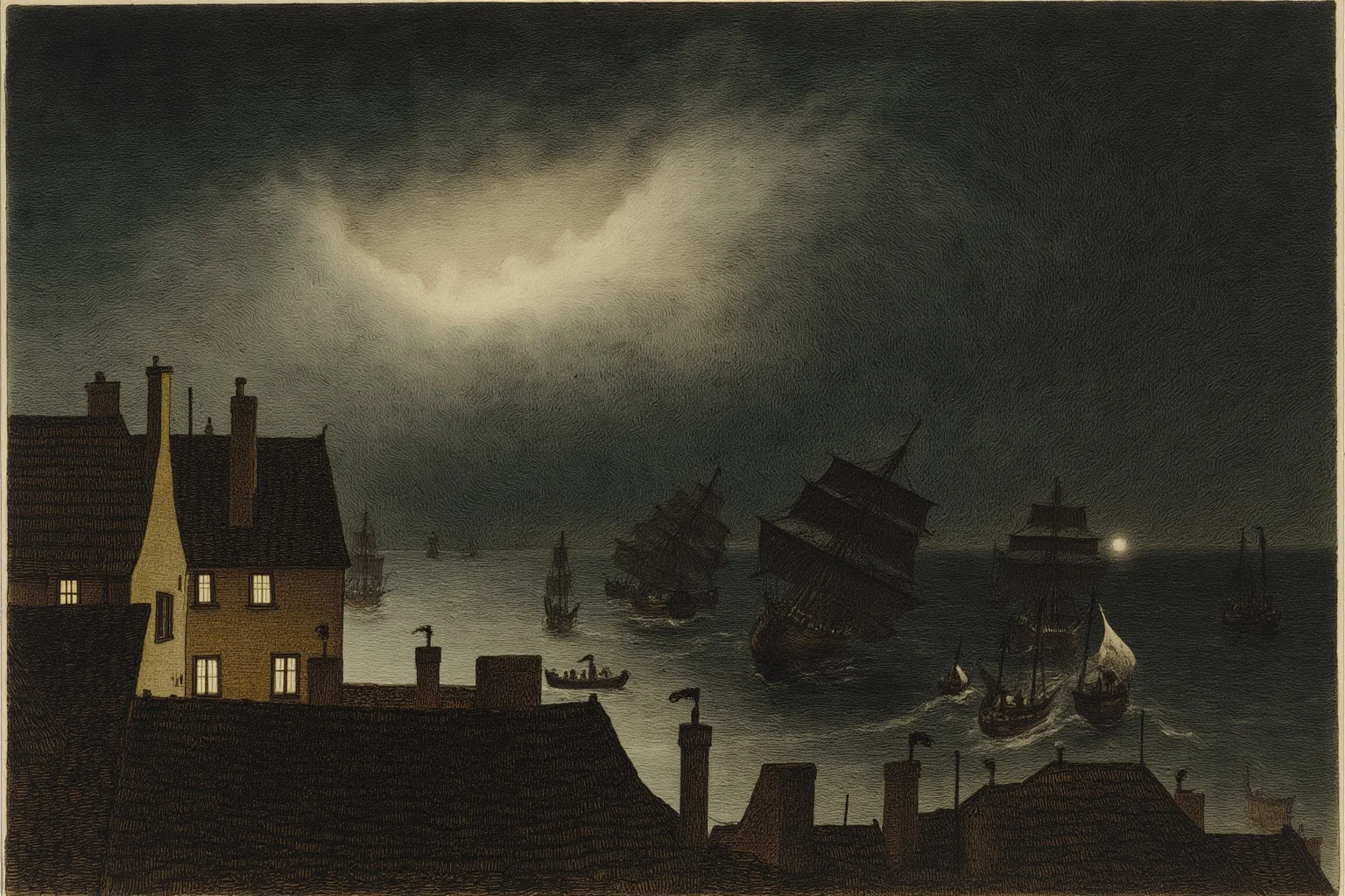 A dramatic historical illustration of a violent windstorm battering London rooftops and ships at night