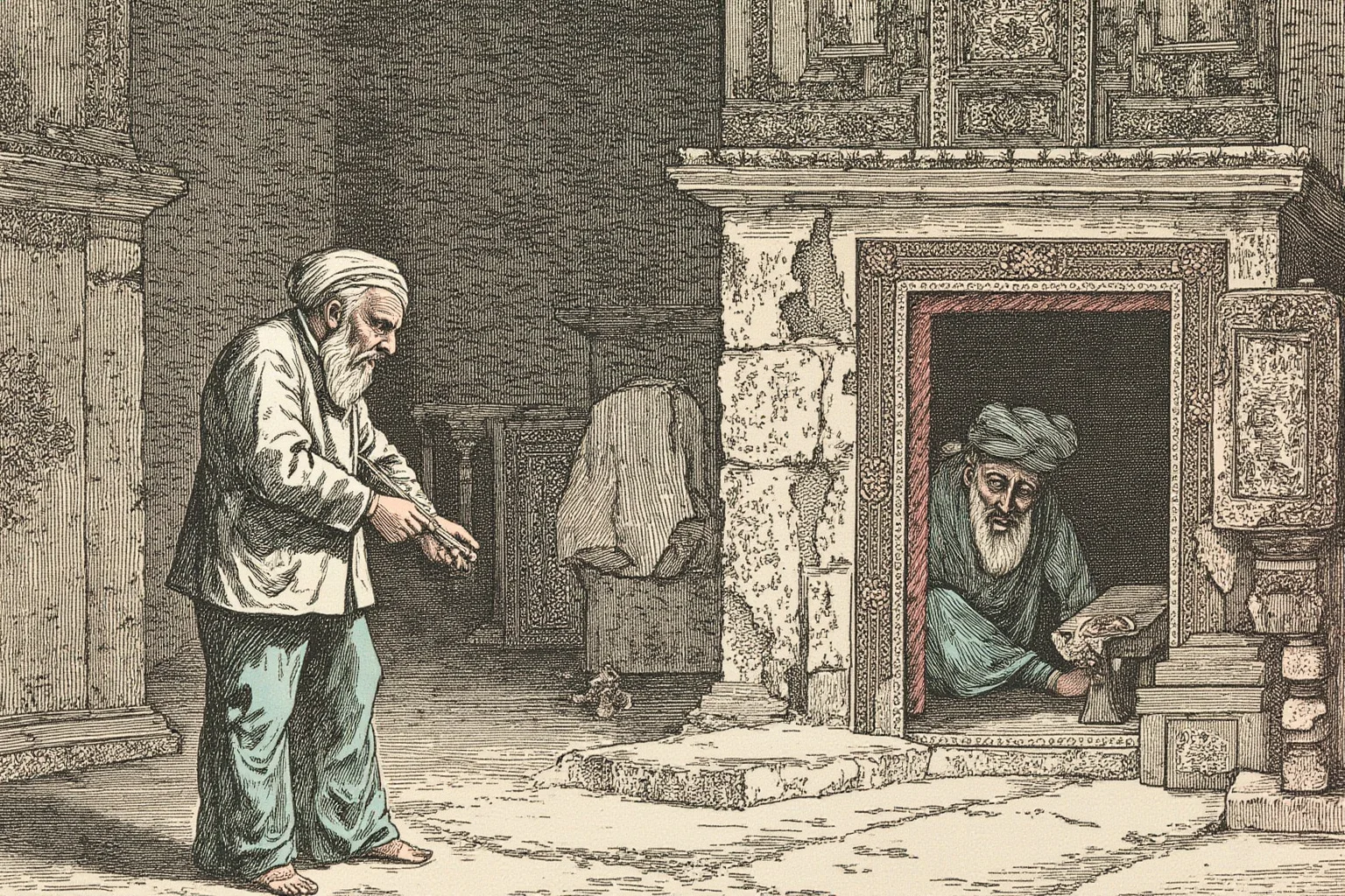 A dramatic historical illustration of stonemasons carefully carving marble under the watch of a Mughal official