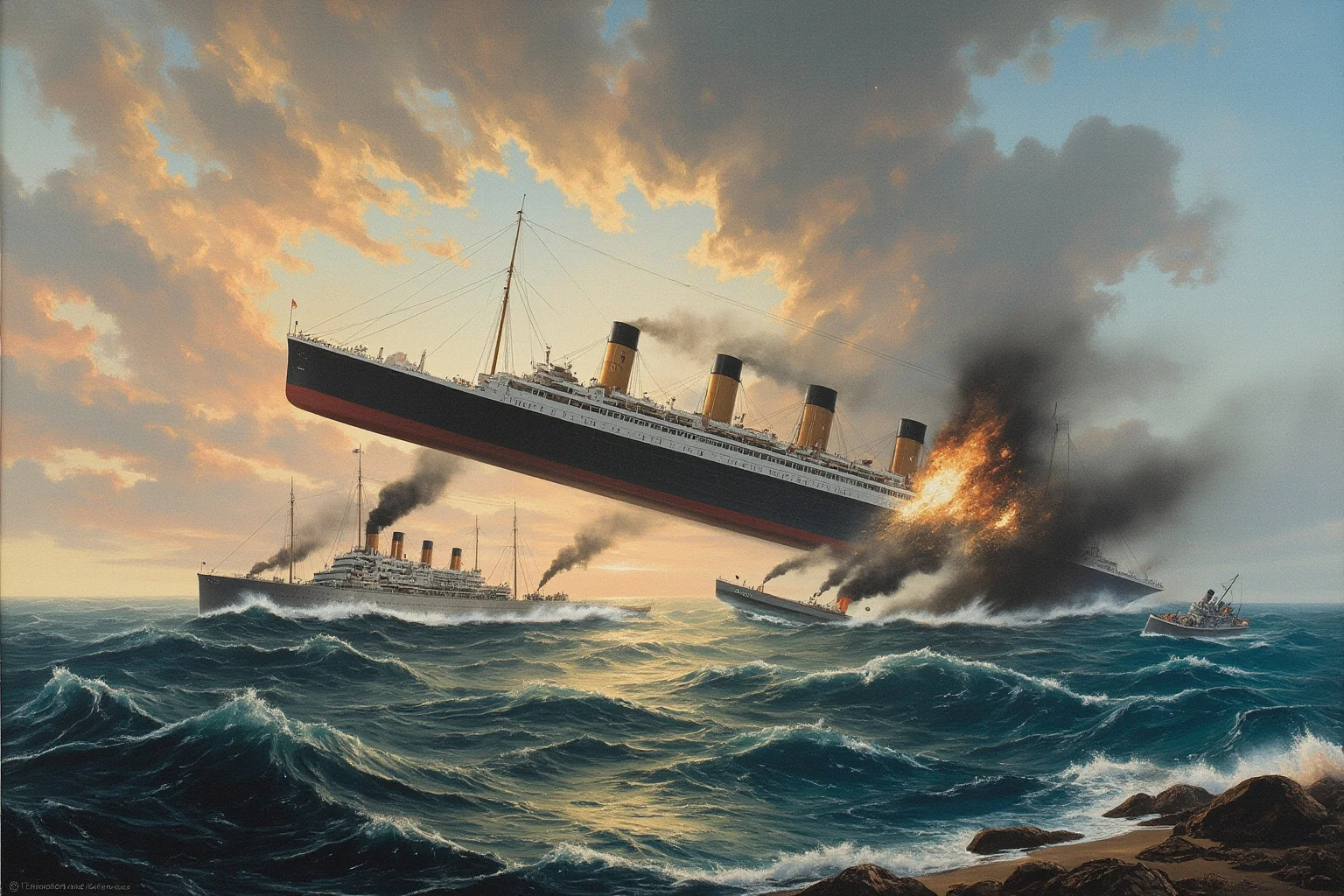 A dramatic historical-style illustration of a large ocean liner colliding with a smaller warship near a coastline