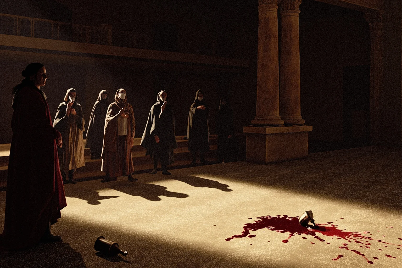 A dramatic illustrated Renaissance theater scene with shadowy figures and a spilled goblet of wine