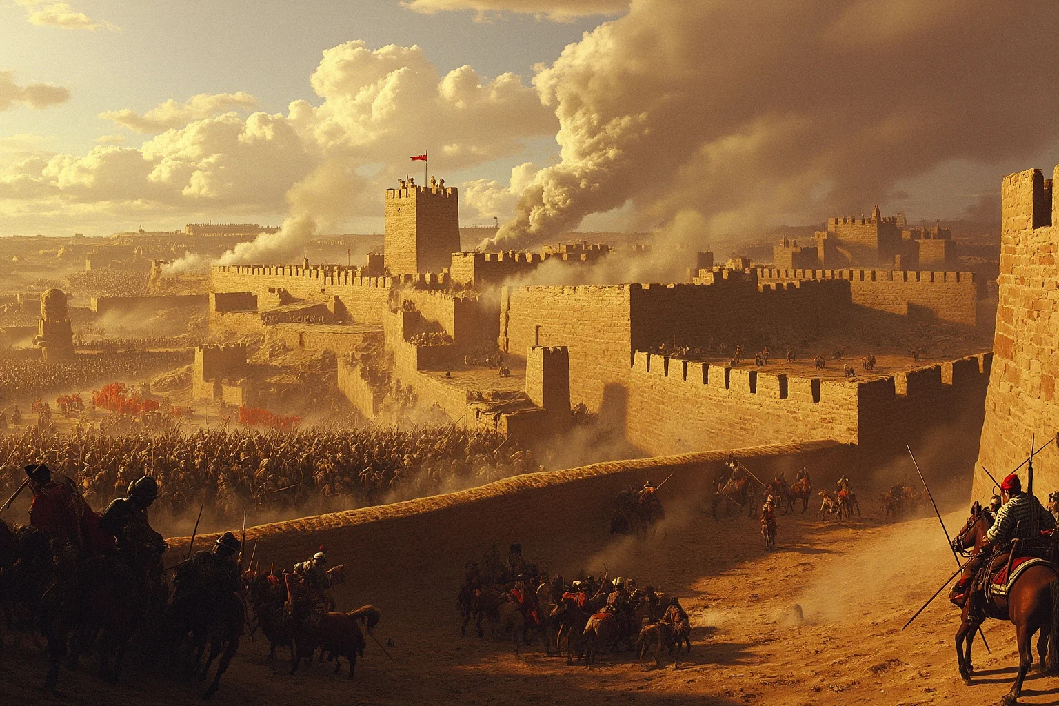 25 Little-Known Facts About Genghis Khan, the Brutal Ruler 13 A dramatic illustrated scene of a walled Central Asian city under siege by mounted warriors