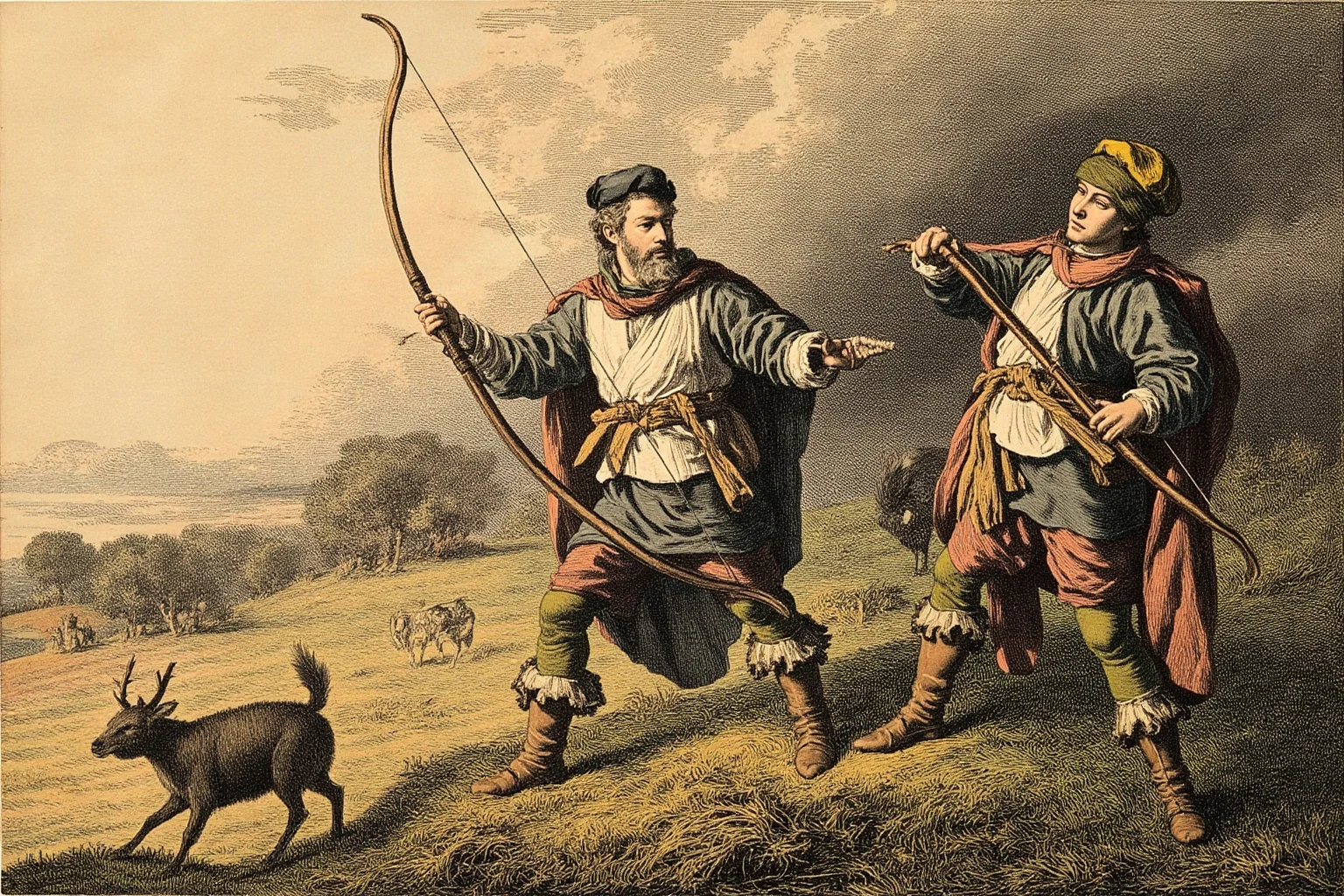 25 Little-Known Facts About Genghis Khan, the Brutal Ruler 5 A dramatic illustrated steppe hunting scene with two young men and bows, historical art style