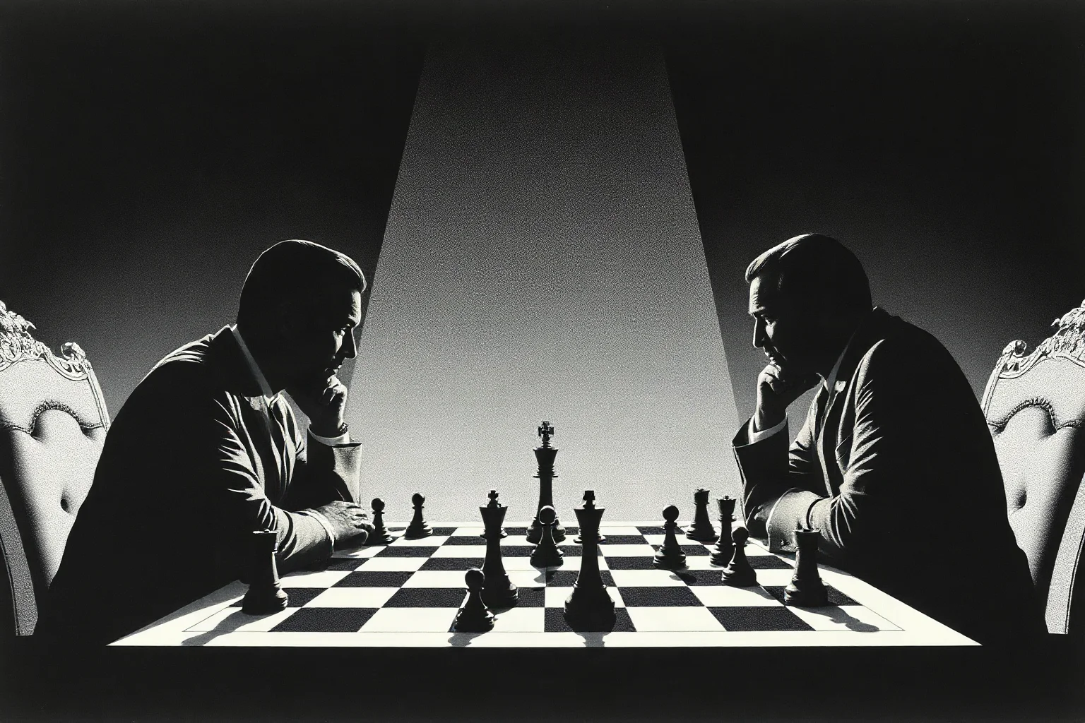 A dramatic illustration evoking a 1970s Cold War-era chess match, two silhouetted players at a spotlighted board