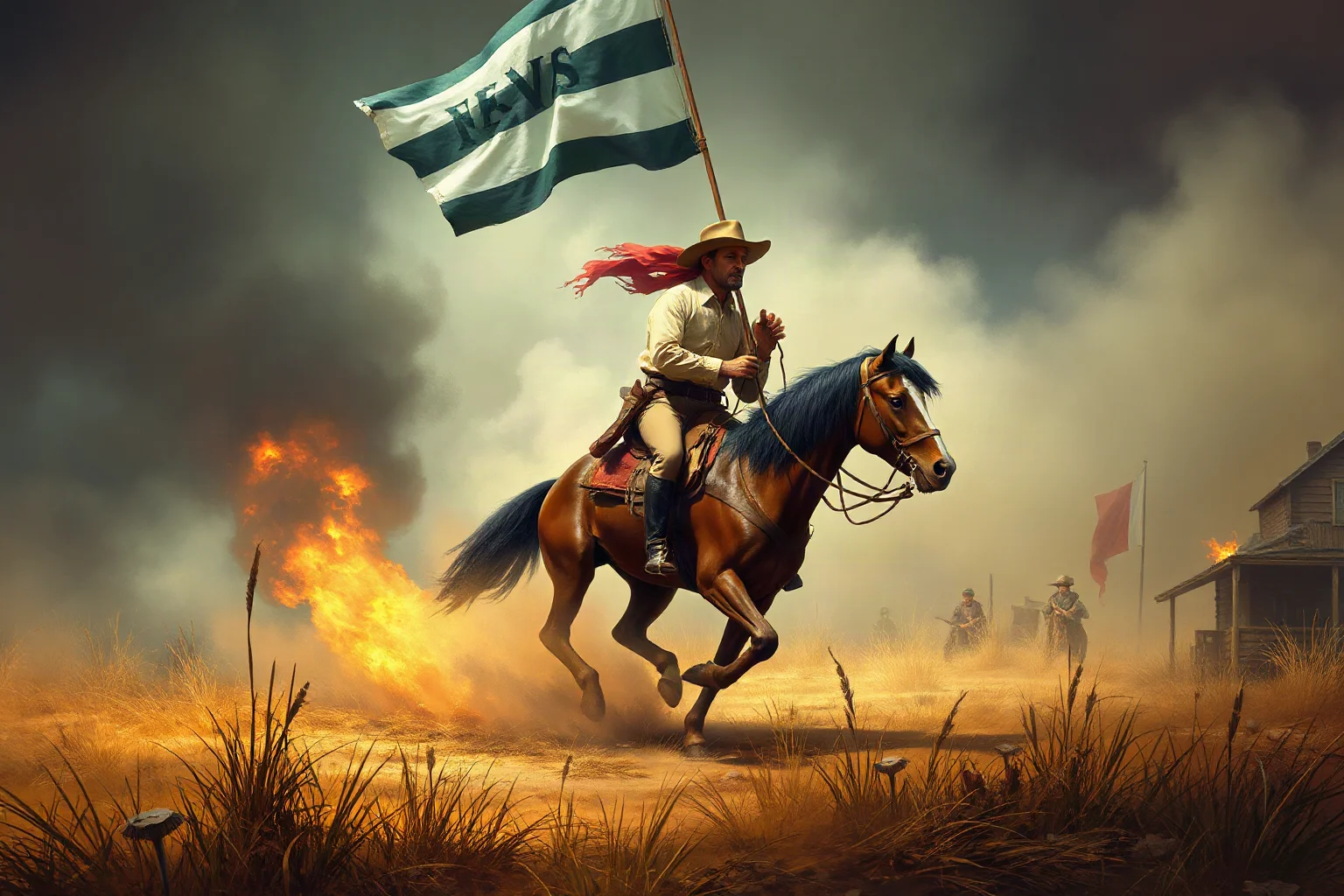 A dramatic illustration of a 19th-century battlefield messenger on horseback delivering news