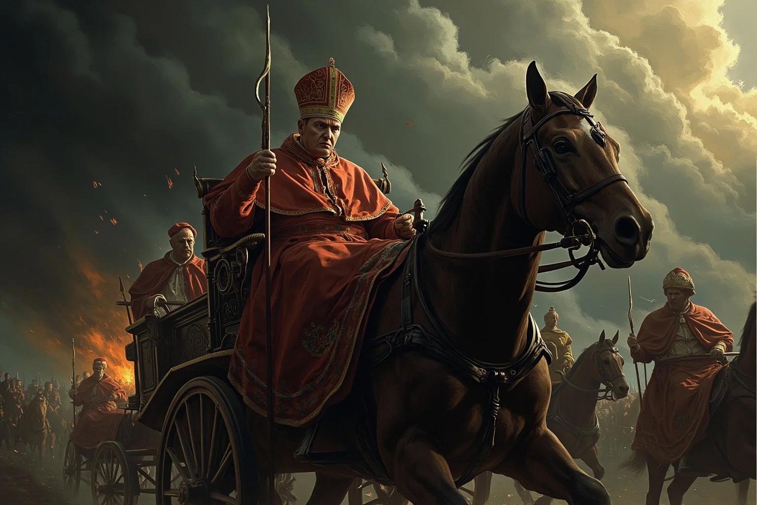 Historical Figures Who Died Of A Broken Heart 7 A dramatic illustration of a disgraced cardinal in red robes traveling by horse-drawn cart under a stormy sky