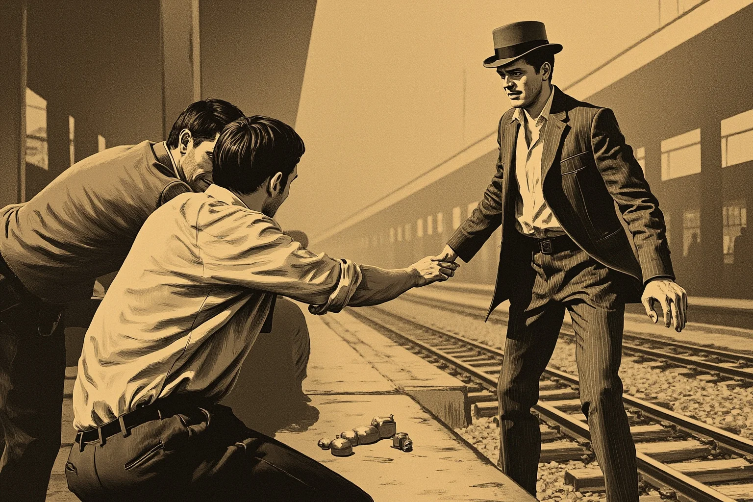 A dramatic illustration of a hand reaching to pull a man back from a train platform edge, vintage train station background, warm sepia illustration style