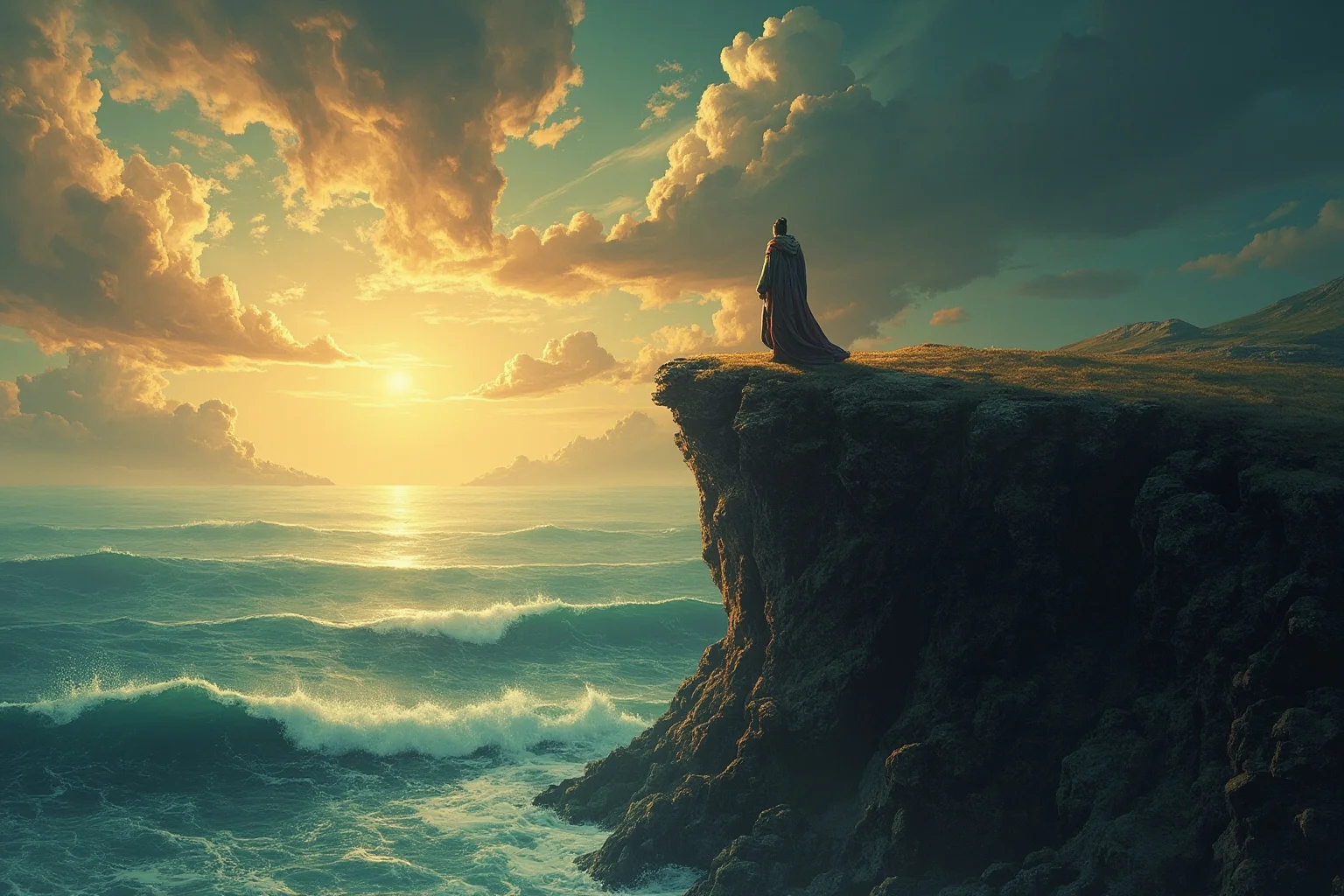 Historical Figures Who Died Of A Broken Heart 13 A dramatic illustration of a solitary exiled emperor gazing out at the ocean from a remote island cliff