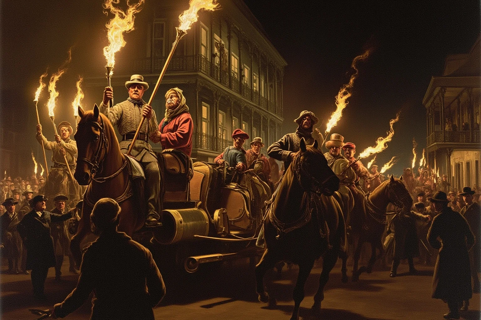 Mardi Gras Krewes: How Parades Turned Into Power And Pop Culture 6 A dramatic illustration of a torch-lit nighttime parade with masked float riders in 1850s New Orleans