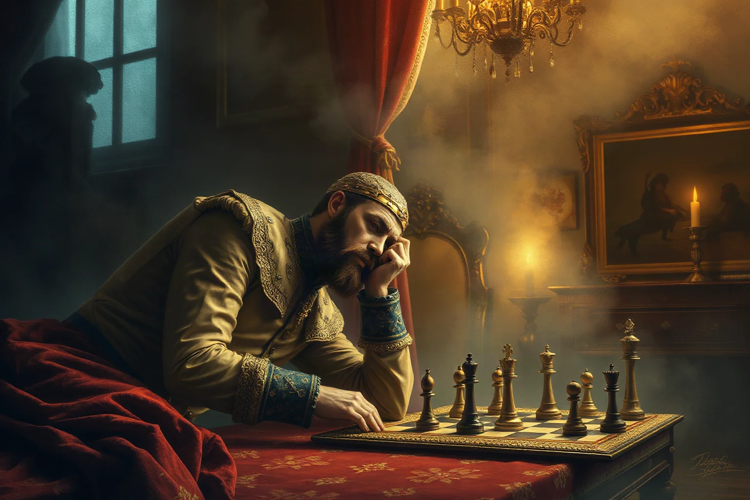 A dramatic illustration of a tsar collapsing beside a chessboard in a candle-lit palace room