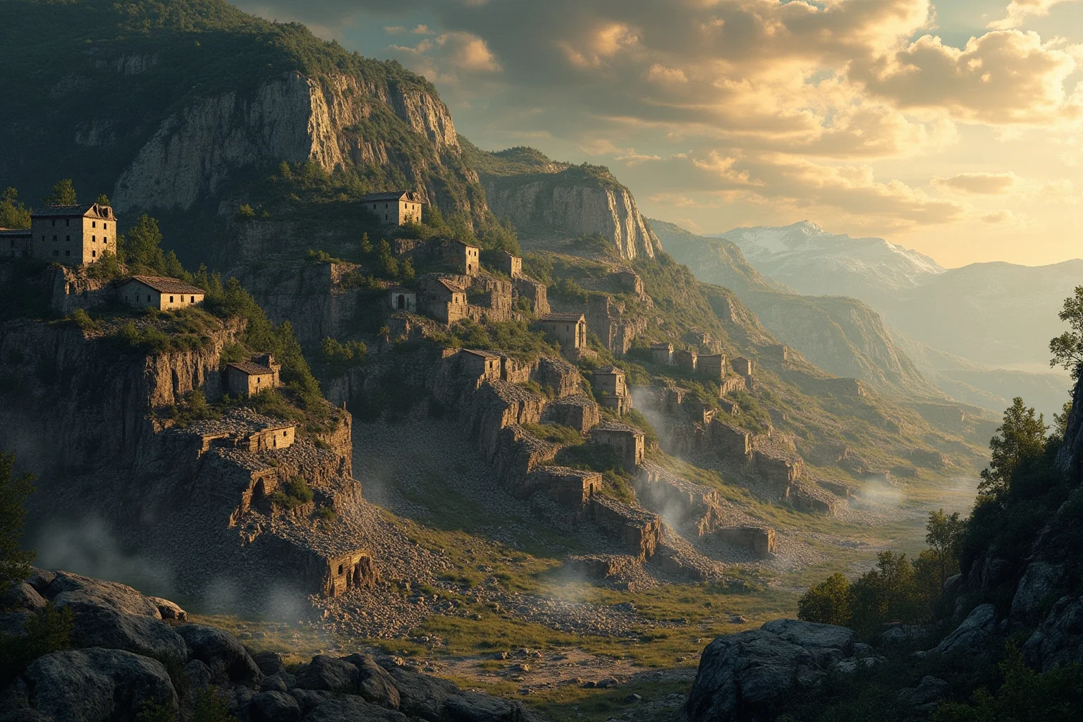 A dramatic illustration of collapsed hillside cave dwellings after a major historical earthquake in a mountainous region