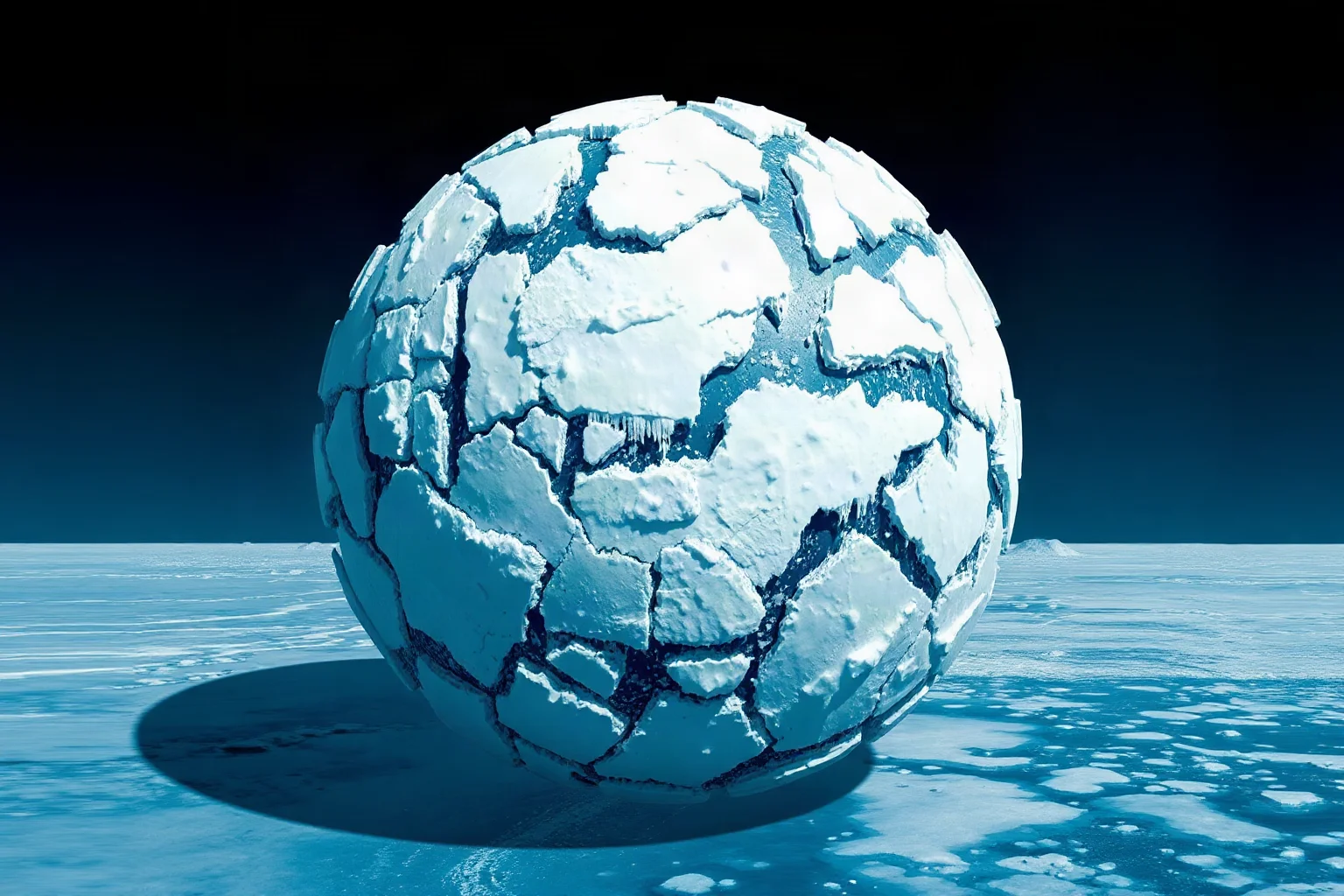 A dramatic illustration of Earth almost entirely covered in white ice from pole to pole, representing Snowball Earth