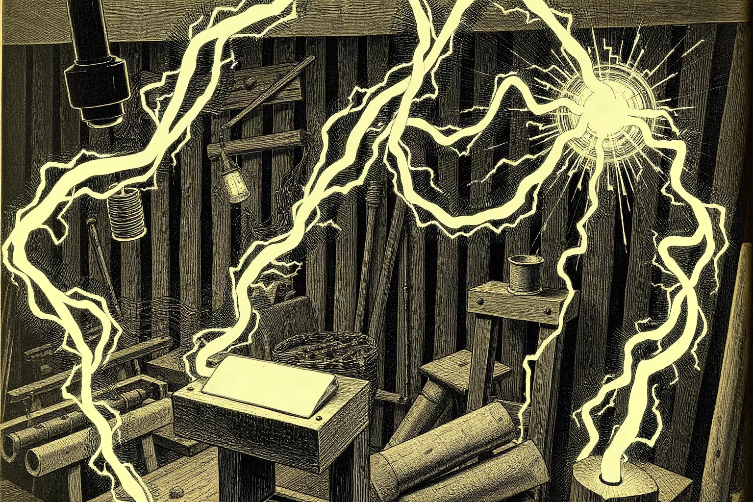 A dramatic illustration of glowing electrical coils and arcs of current in a late-1800s workshop