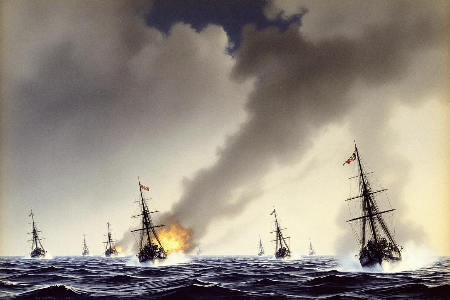 A dramatic illustration of naval ships in battle at sea under a smoky sky, representing an 1890s wartime conflict