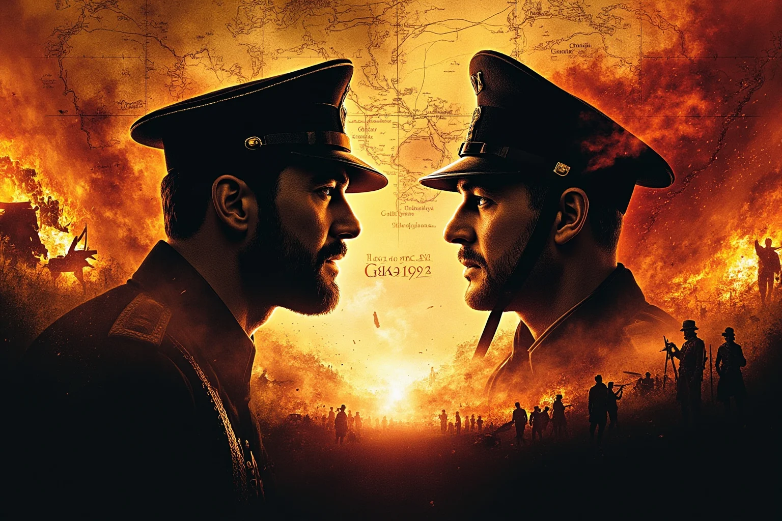 Historical Figures That Were Shockingly Born In The Same Year 13 A dramatic illustration of two opposing military silhouettes facing each other across a battlefield map, symbolizing historic rivals born the same year