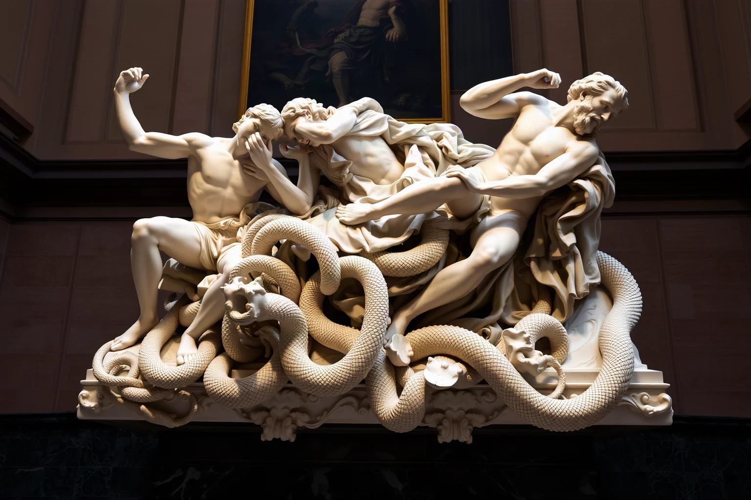 A dramatic marble sculpture of three figures entwined in struggle with serpents, Renaissance museum setting