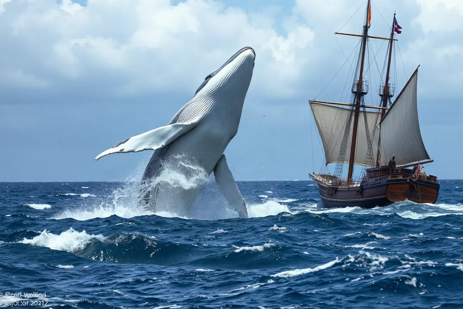 A dramatic maritime scene with a massive white whale breaching near a wooden sailing ship in turbulent seas