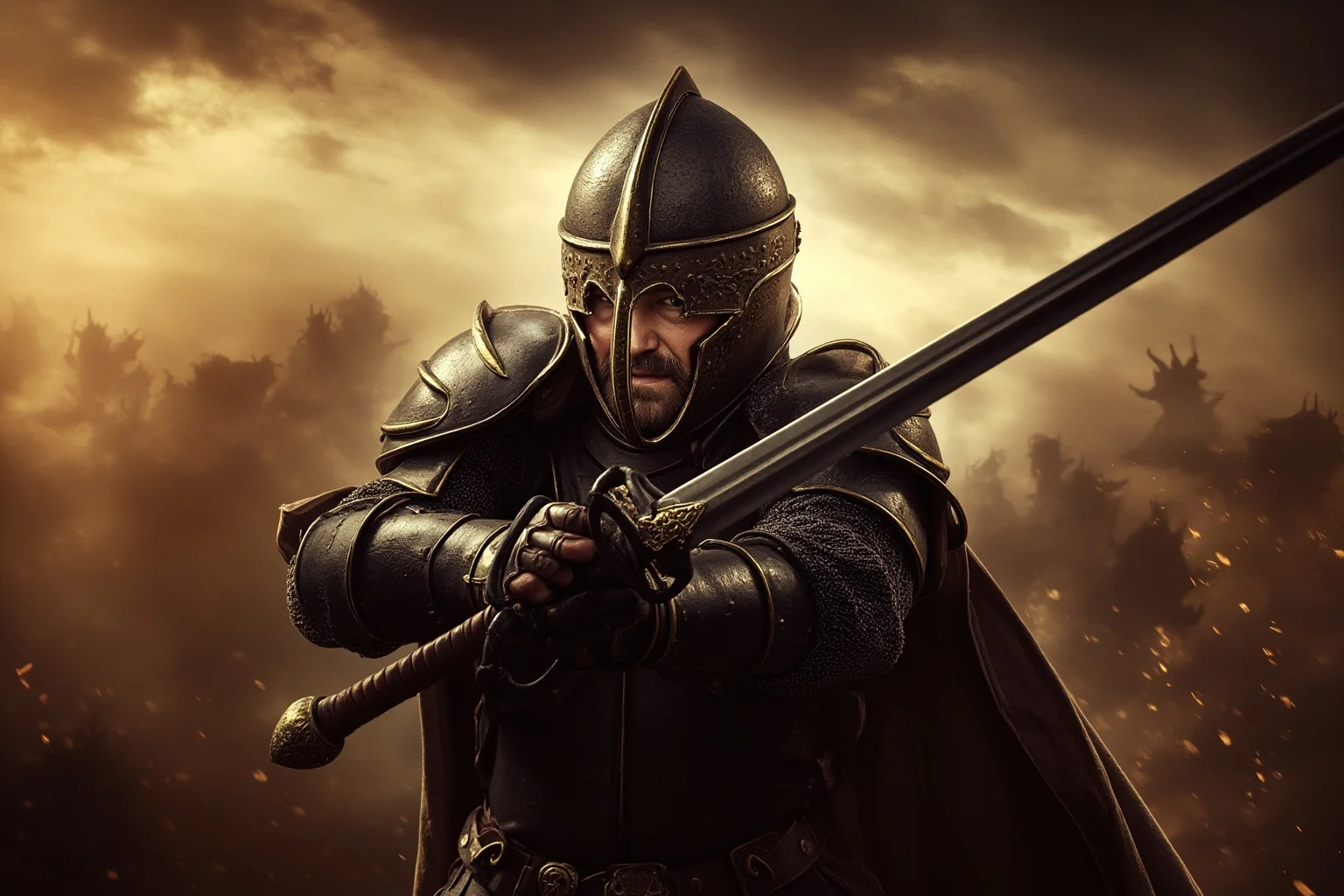 A dramatic medieval knight gripping a long straight sword during an epic battlefield poem scene