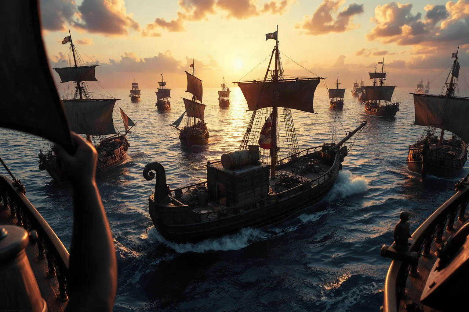 A dramatic naval battle scene with a pirate ship laden with treasure chests and barrels, surrounded by approximately 42 merchant vessels in a Brazilian bay at sunset