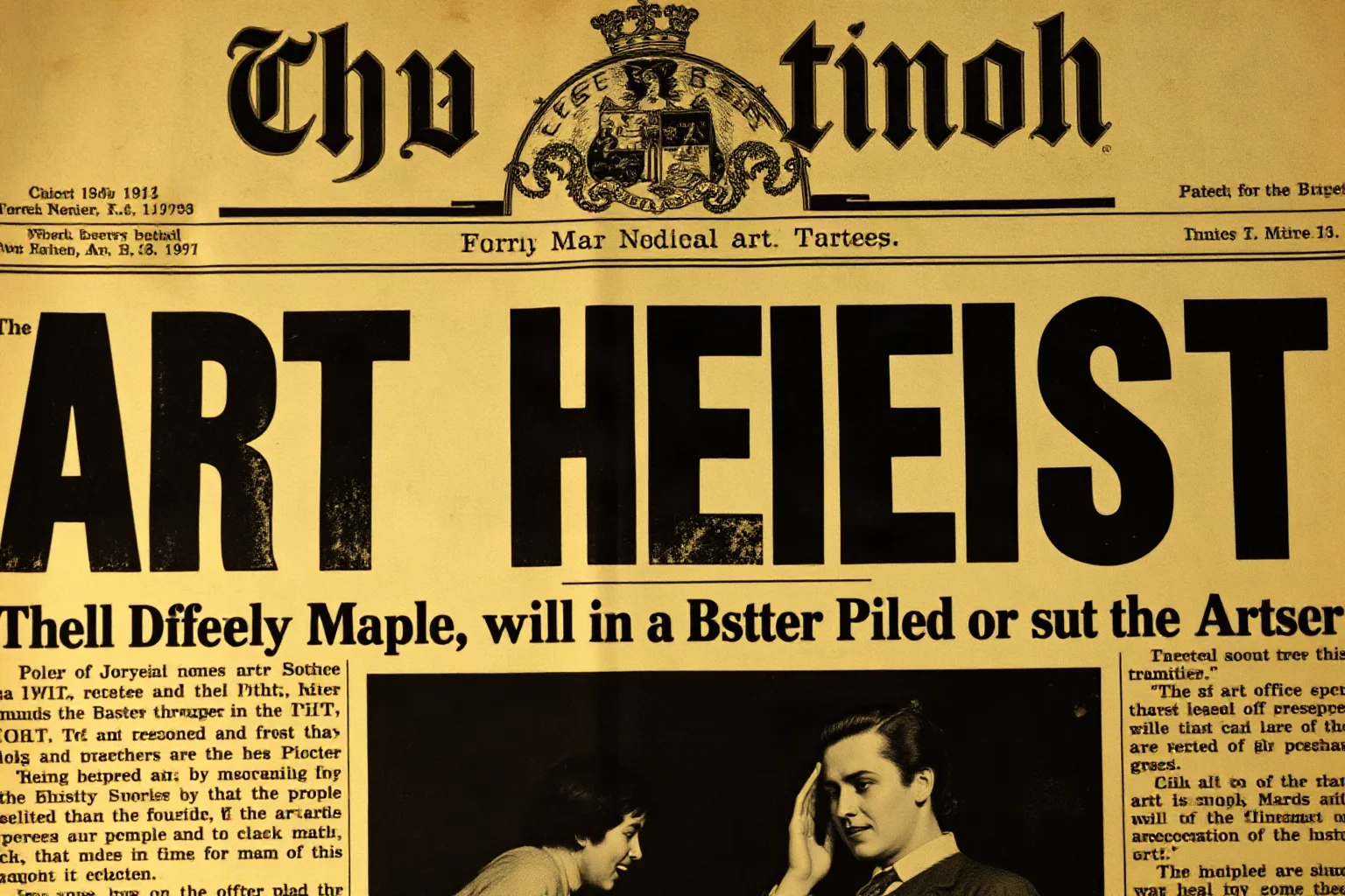 A dramatic newspaper headline from 1911 announcing an art heist, with vintage typography and urgent newsprint style