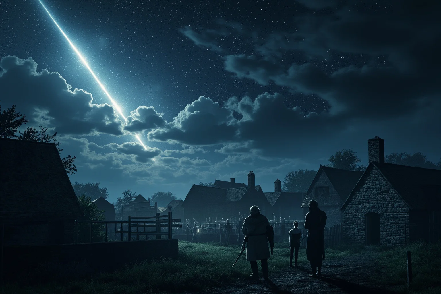 A dramatic night sky with a bright comet over a medieval village, villagers looking up in fear