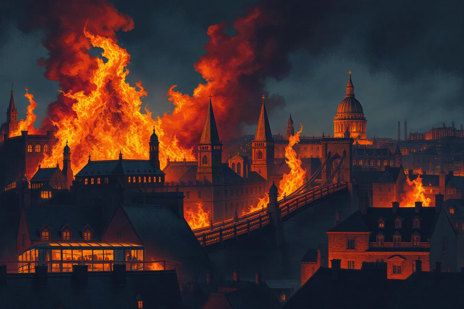 A dramatic nighttime cityscape of old London engulfed in orange flames, historical fire illustration