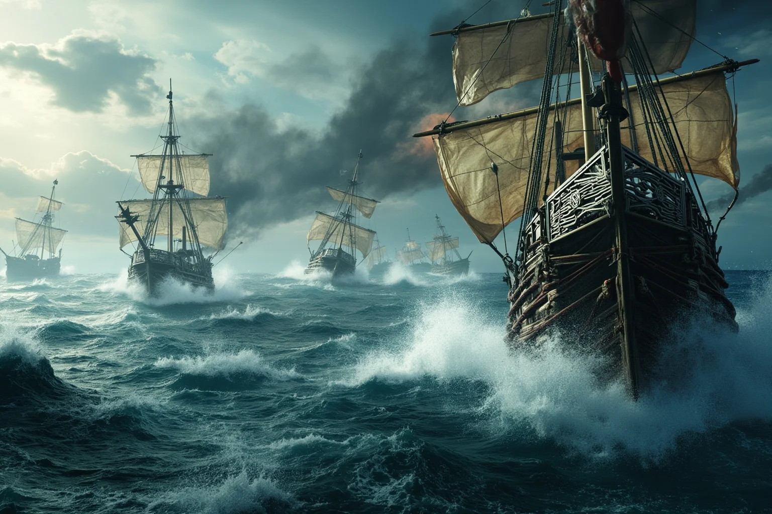 A dramatic ocean battle scene between wooden pirate junks and an imperial Qing dynasty warship