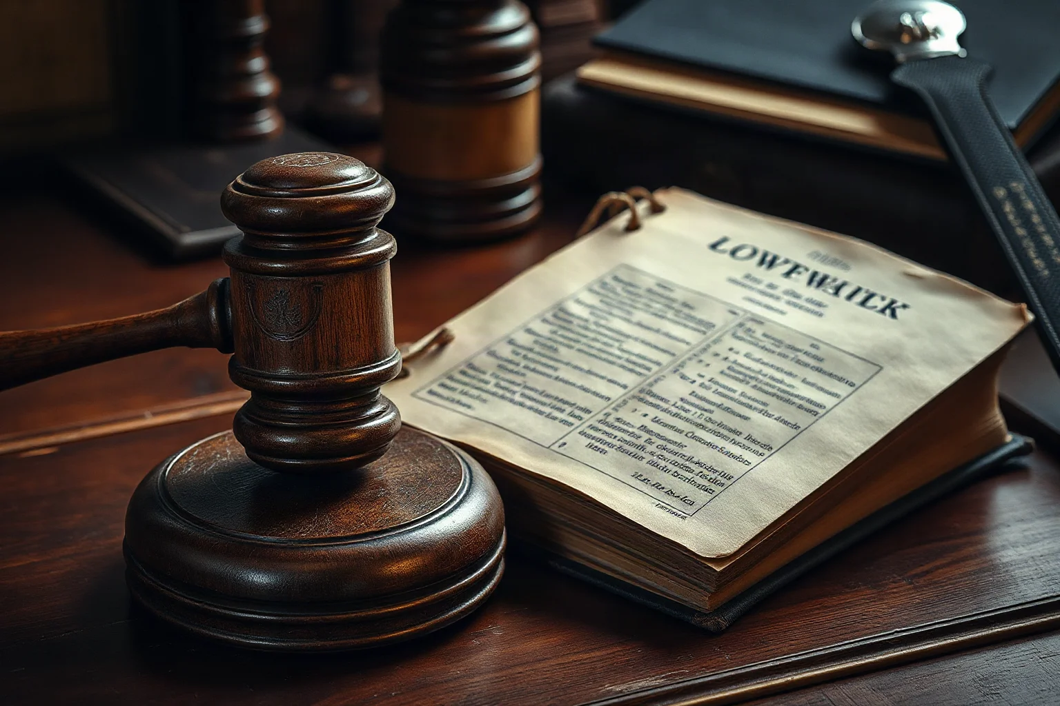 A dramatic old courtroom gavel and law book on a wooden desk, moody historical illustration