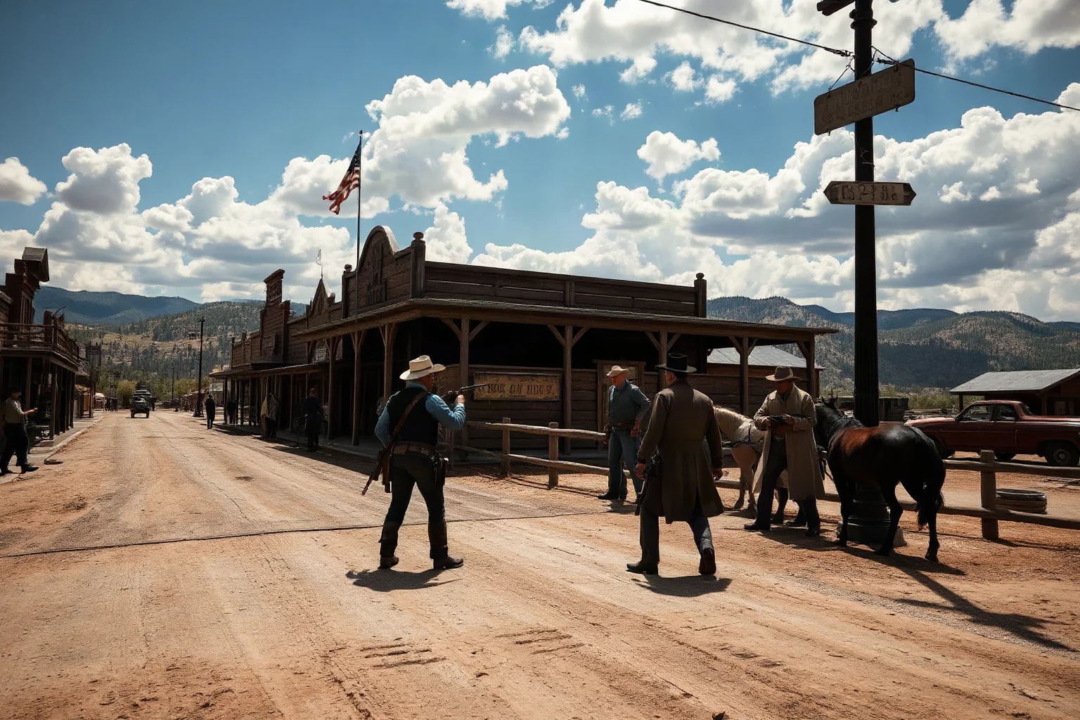 A dramatic Old West street corner with a handful of armed men facing off near a wooden corral