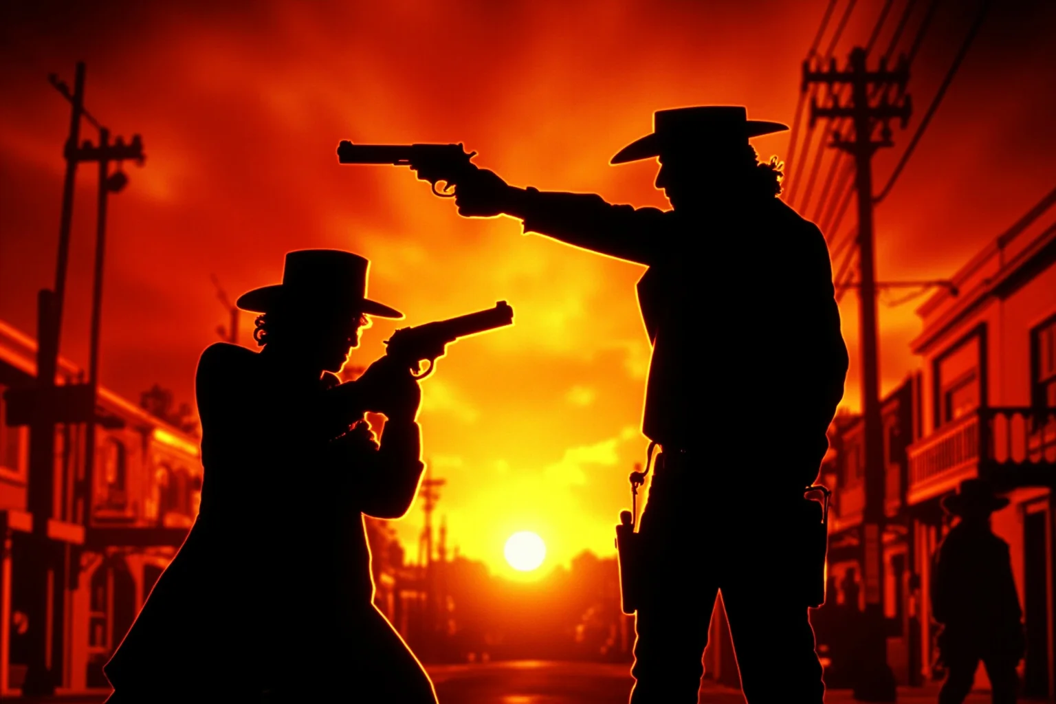 Hilarious Slang Terms From The Wild West 22 A dramatic Old West street shootout silhouette at sunset, two figures facing off with pistols, movie-poster style