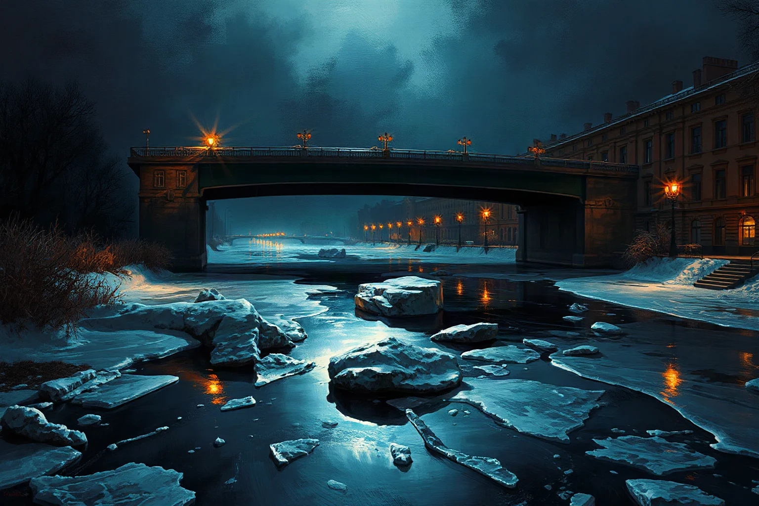 A dramatic painting-style depiction of a frozen Russian river at night under a bridge, ice cracking, no people visible