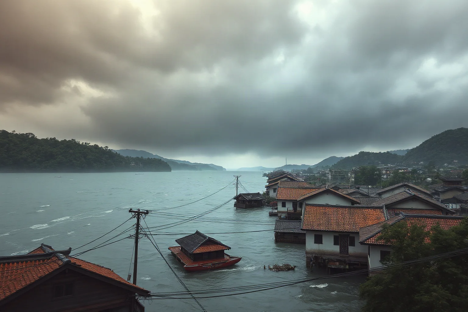 A dramatic painting-style depiction of a massive river flood engulfing traditional Chinese village rooftops under a stormy grey sky