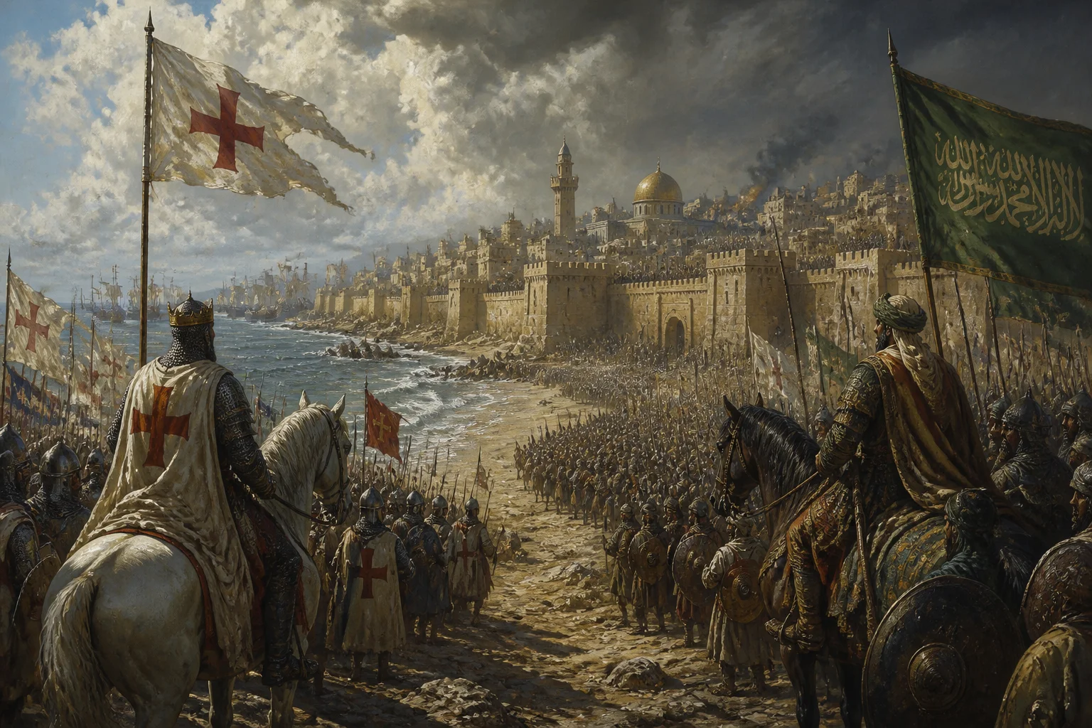 A dramatic painting-style scene of two medieval armies facing off outside a walled Middle Eastern coastal city