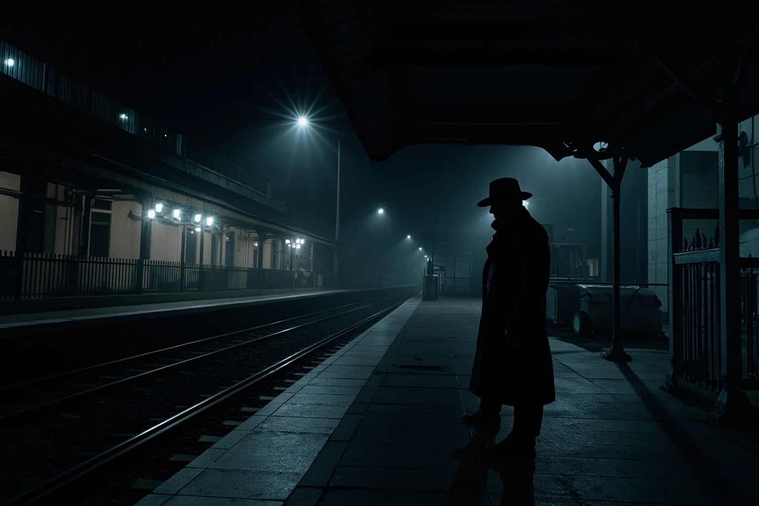 Legendary Cases Involving the Pinkerton Detective Agency 3 A dramatic railway station at night with a shadowy figure watching from a platform, evoking a foiled assassination plot