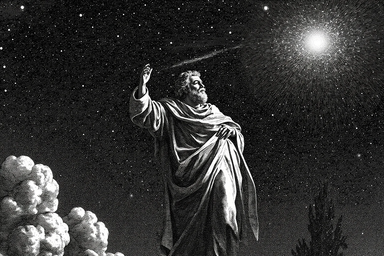 A dramatic Renaissance-era illustration of a robed church figure gesturing skyward at a bright comet