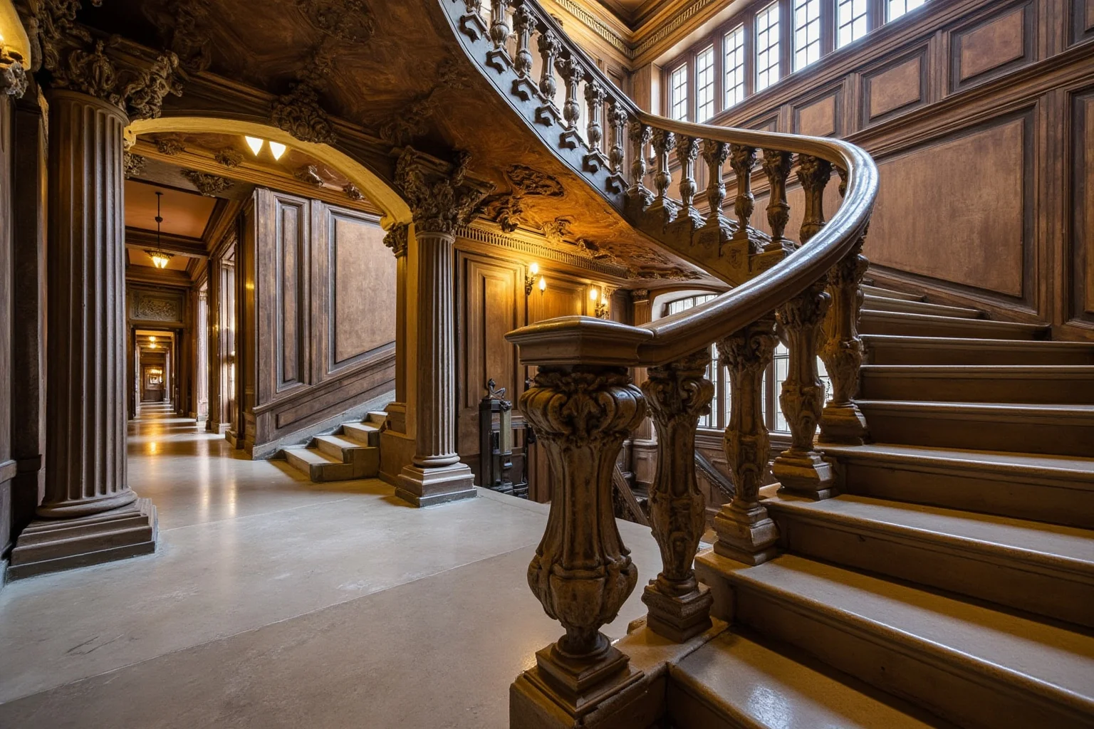 A dramatic Renaissance library staircase with sculptural stone steps flowing into a vestibule