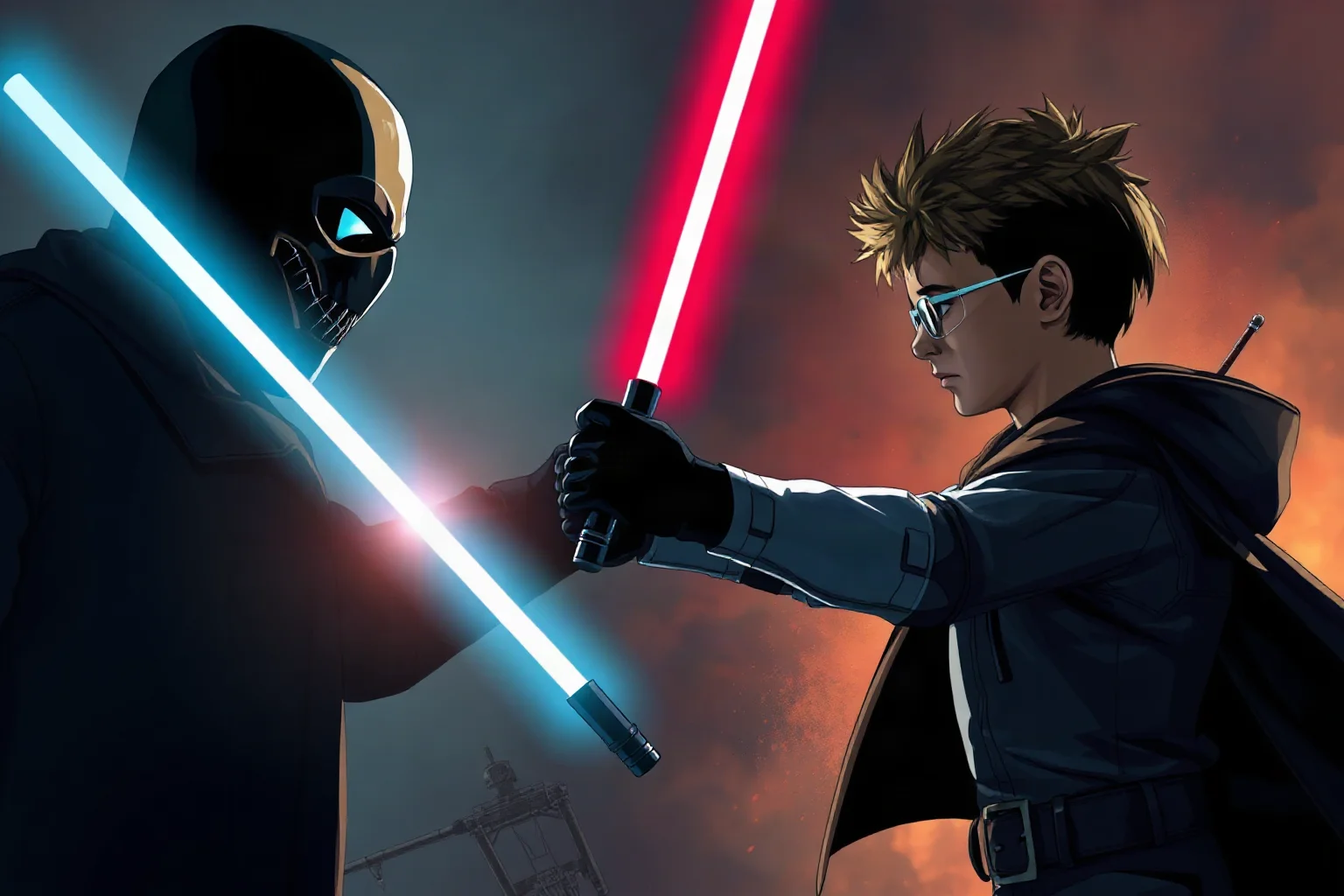 A dramatic sci-fi scene of a masked villain and a young hero facing off in a futuristic dueling stance, dim atmospheric lighting, movie-poster illustration style