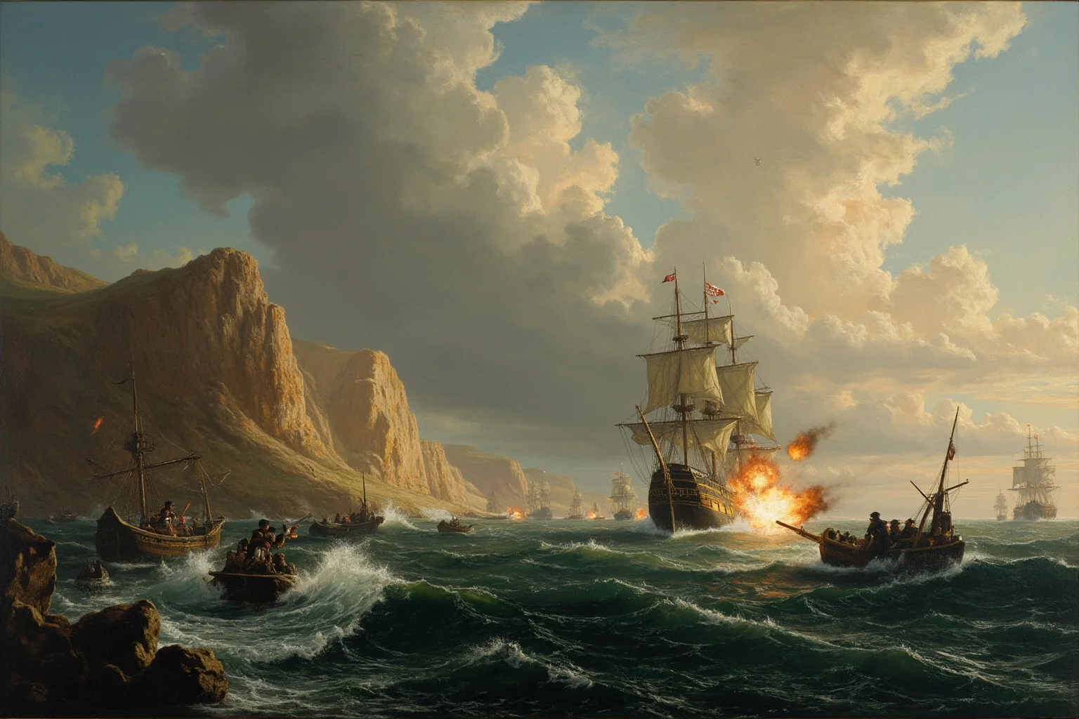 A dramatic seascape showing a naval battle off a rocky African cape, with cannons firing and a pirate flagship engaged with a British warship