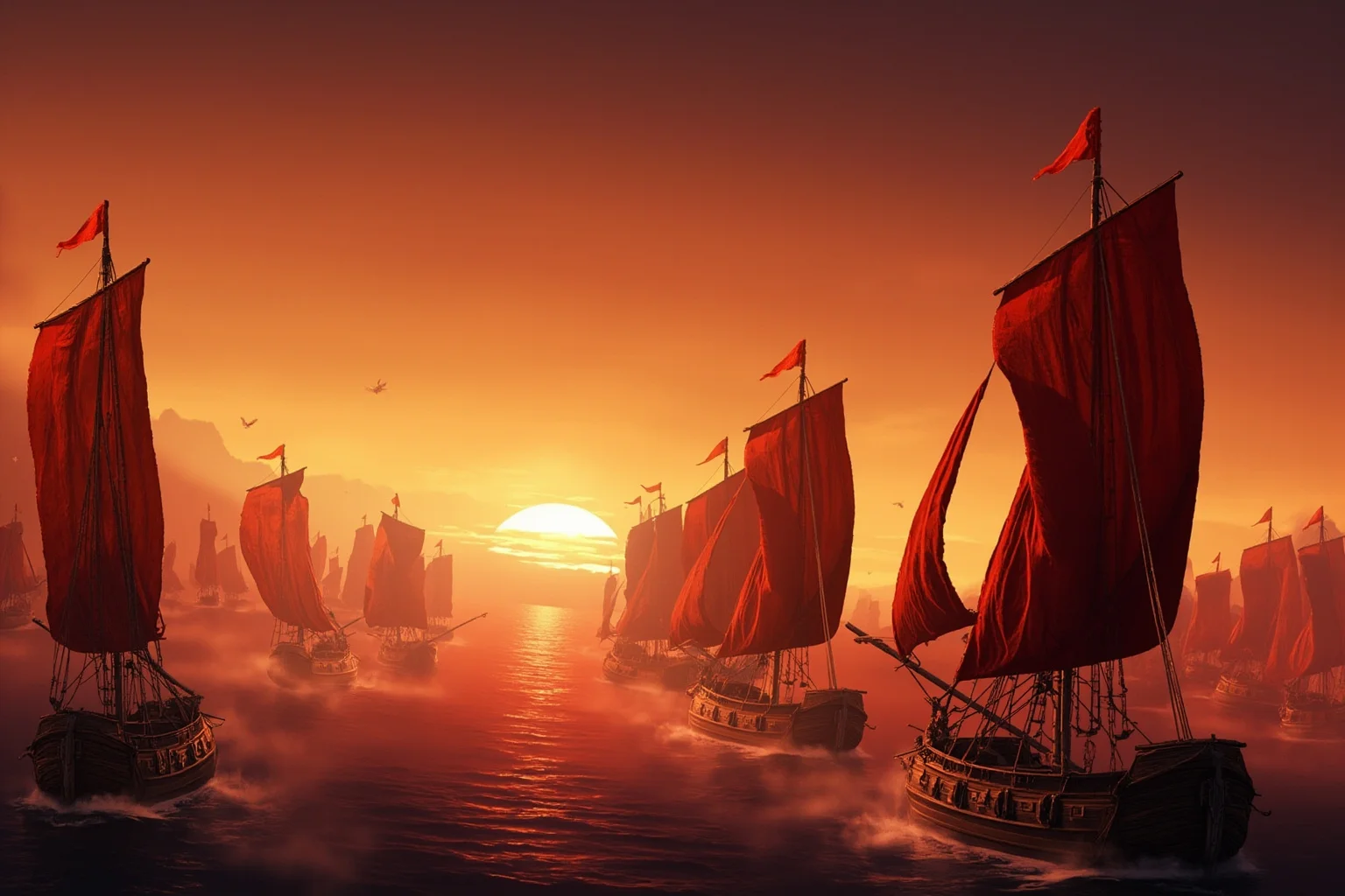 A dramatic silhouette of a fleet of traditional Chinese war junks with red sails sailing in formation across a misty sea at sunrise, illustrated historical art style