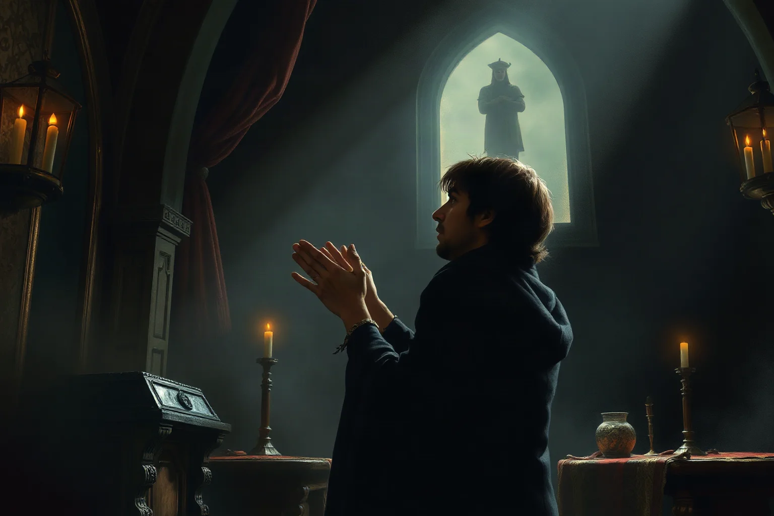 A dramatic, somber illustration of a father figure and son in a tense confrontation inside a dark medieval palace chamber
